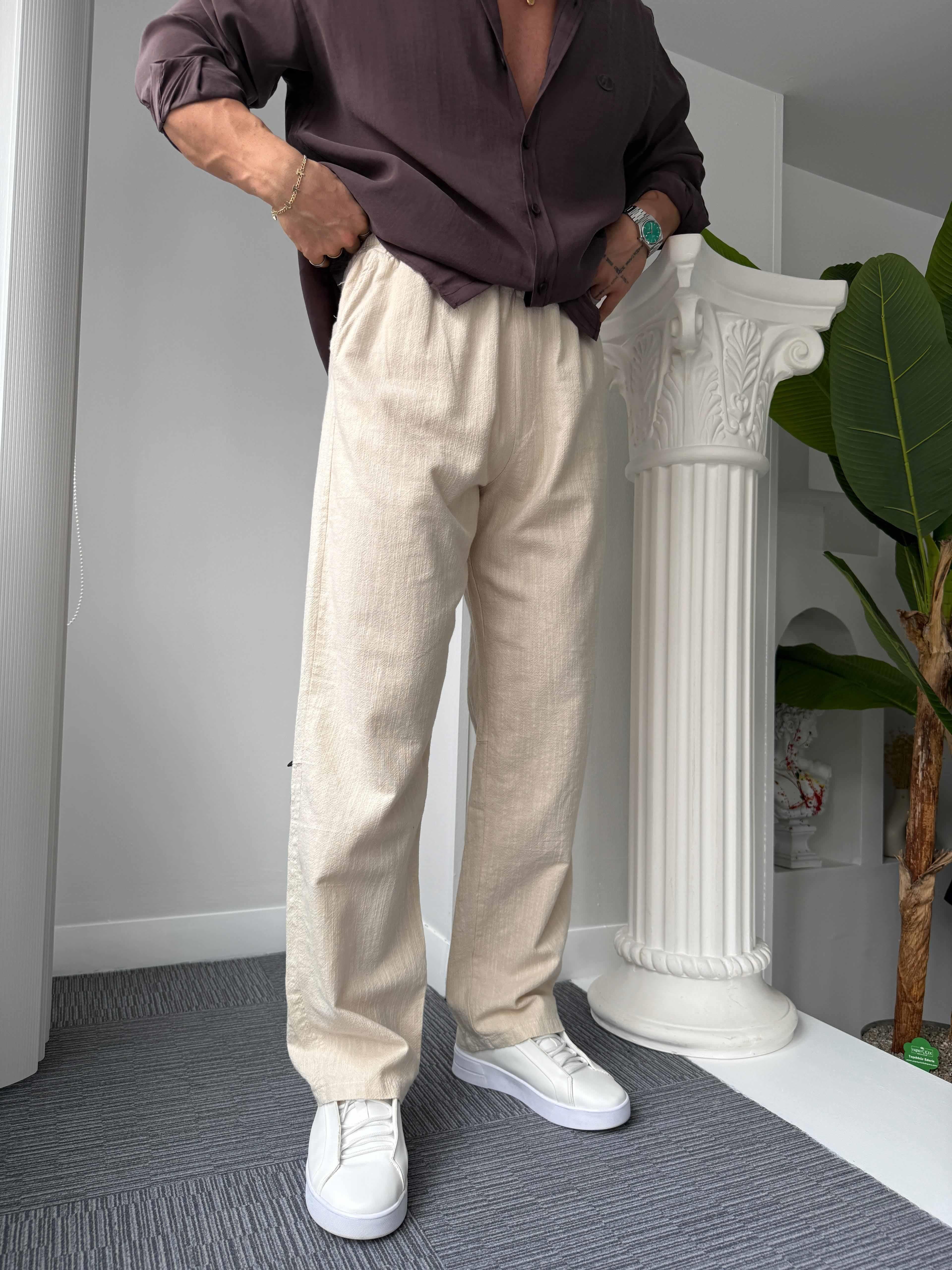 Bej GG Nakışlı Linen Keten Pantolon