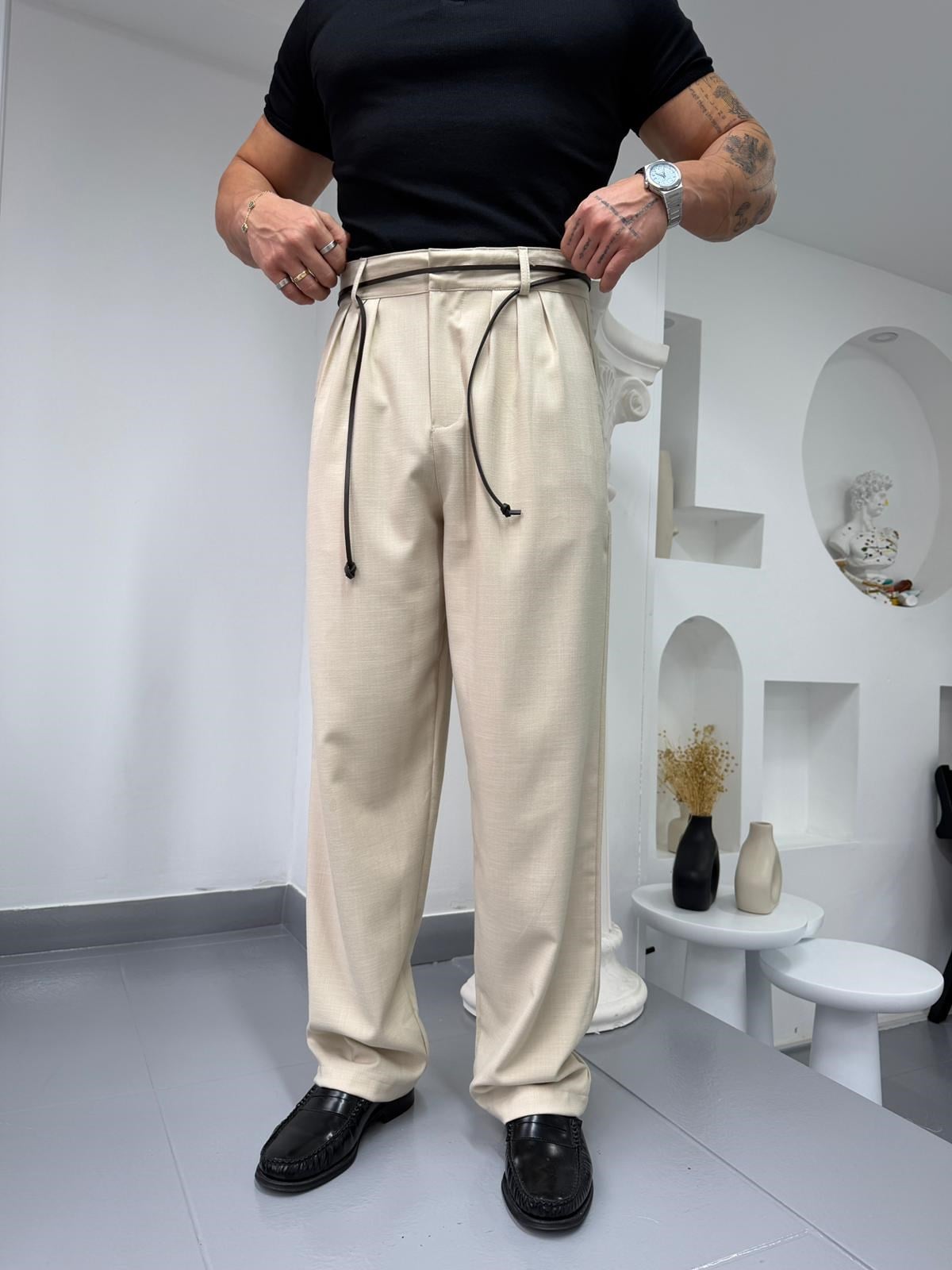 Bej GG Shadow Flow Baggy Kumaş Pantolon