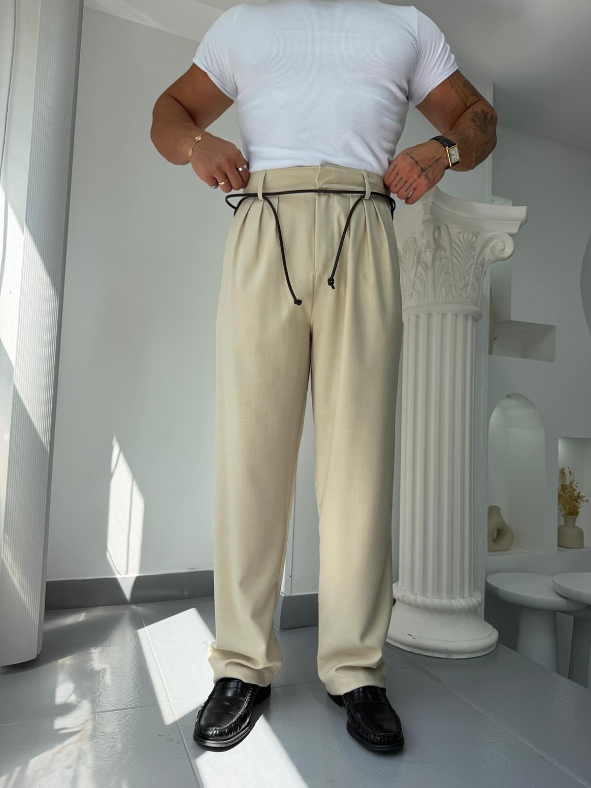 Bej GG Shadow Yüksek Bel Kumaş Pantolon