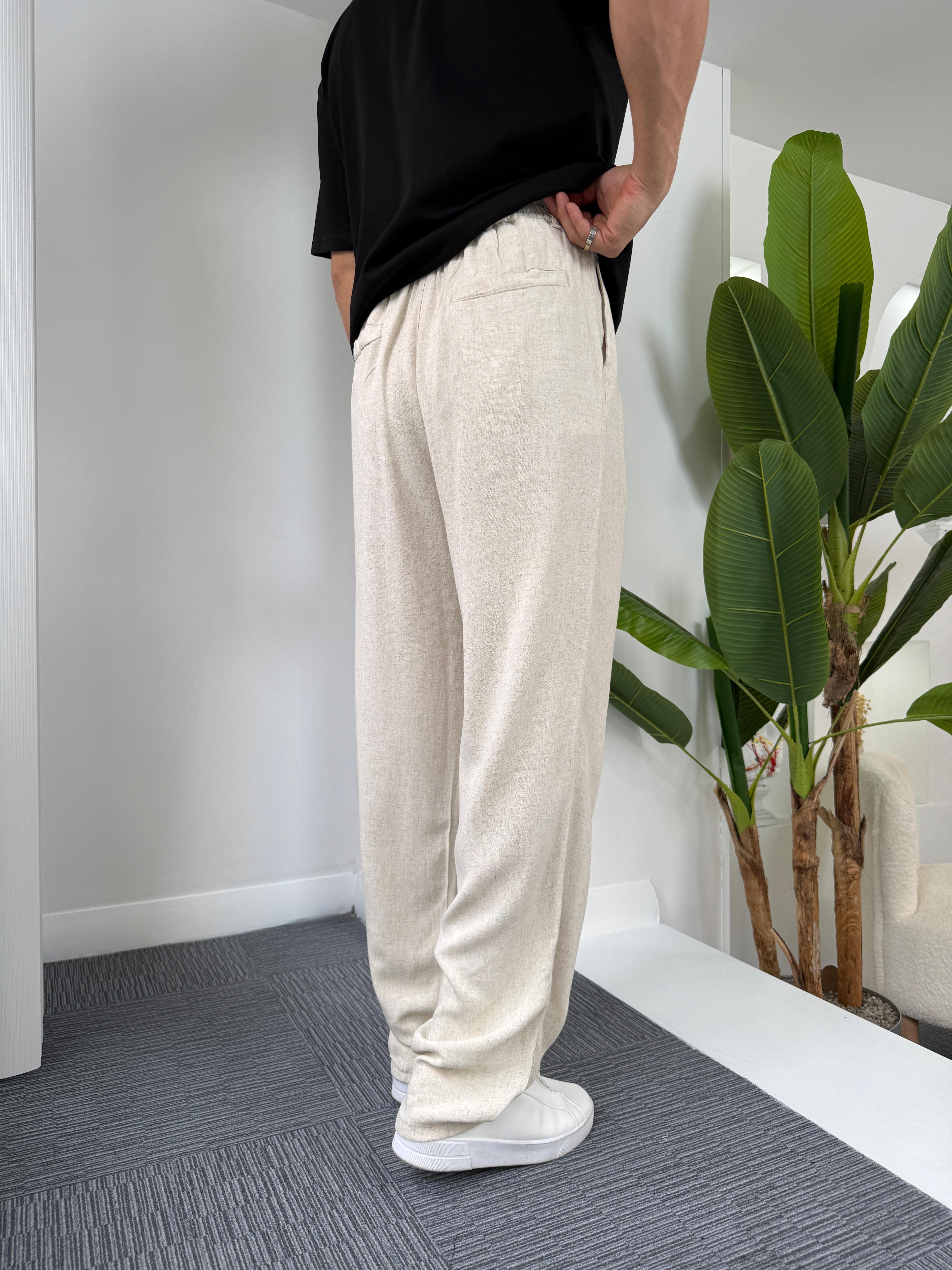 Bej GG Viscon Keten Baggy Pantolon
