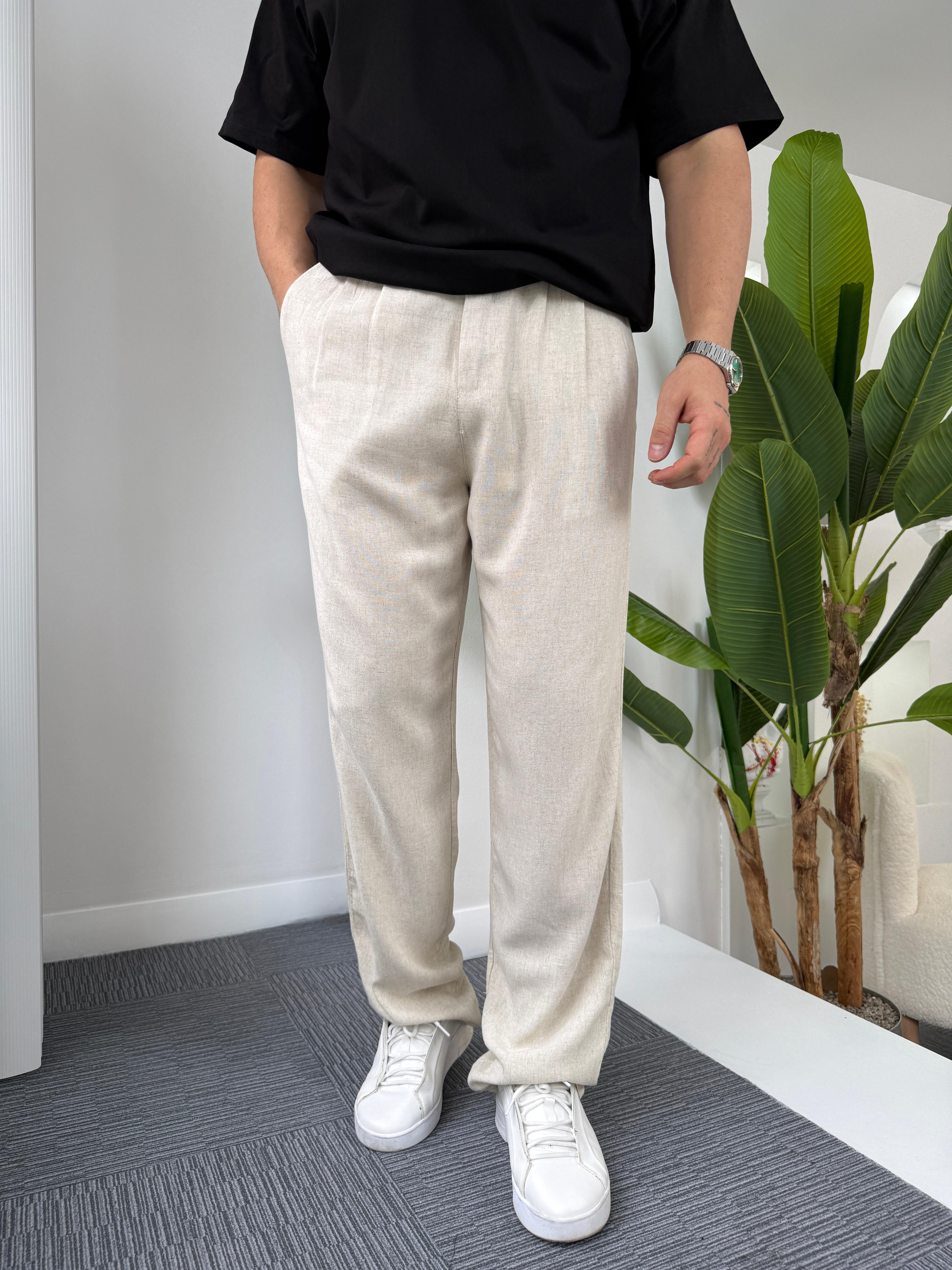 Bej GG Viscon Keten Baggy Pantolon