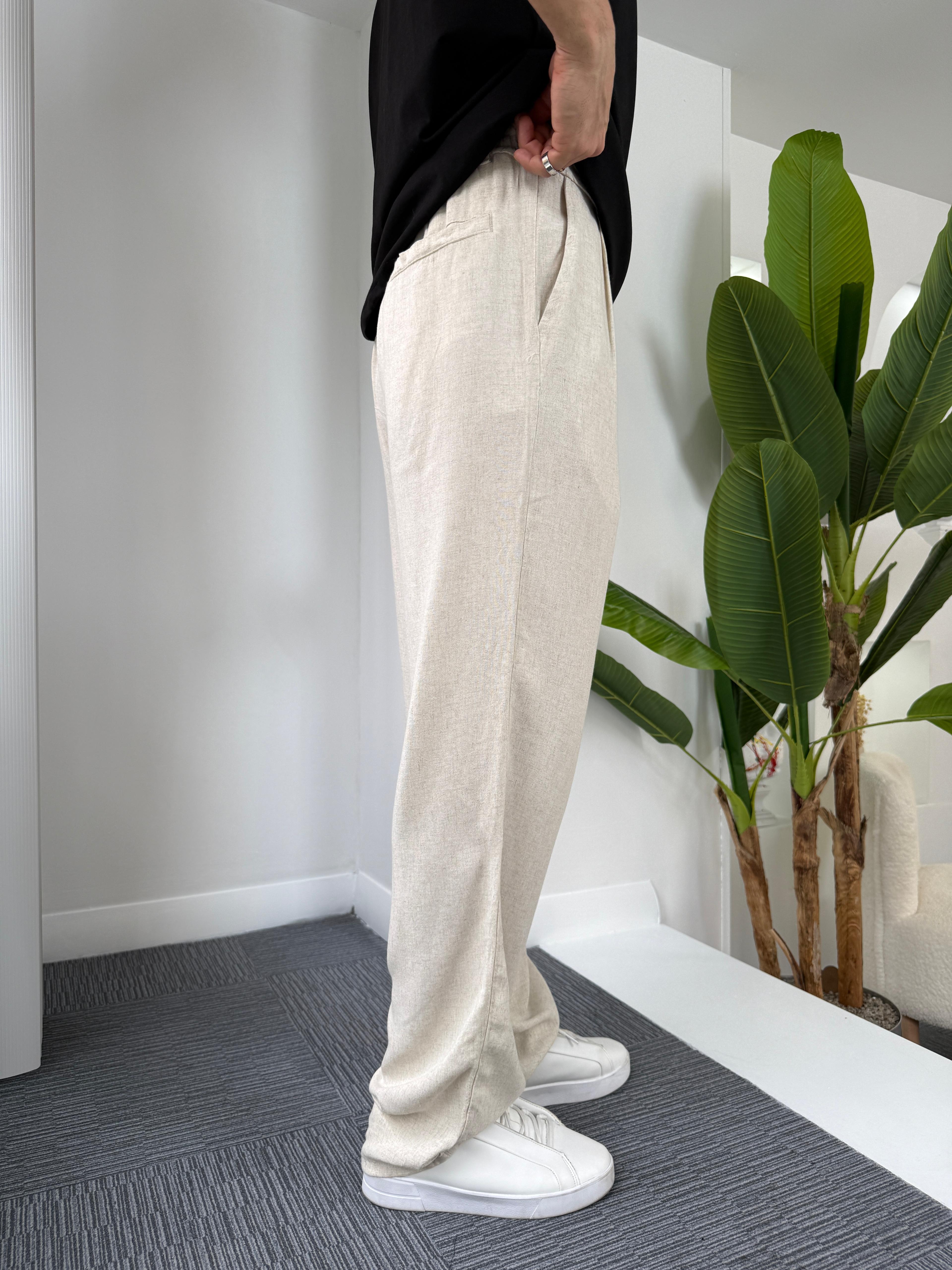 Bej GG Viscon Keten Baggy Pantolon
