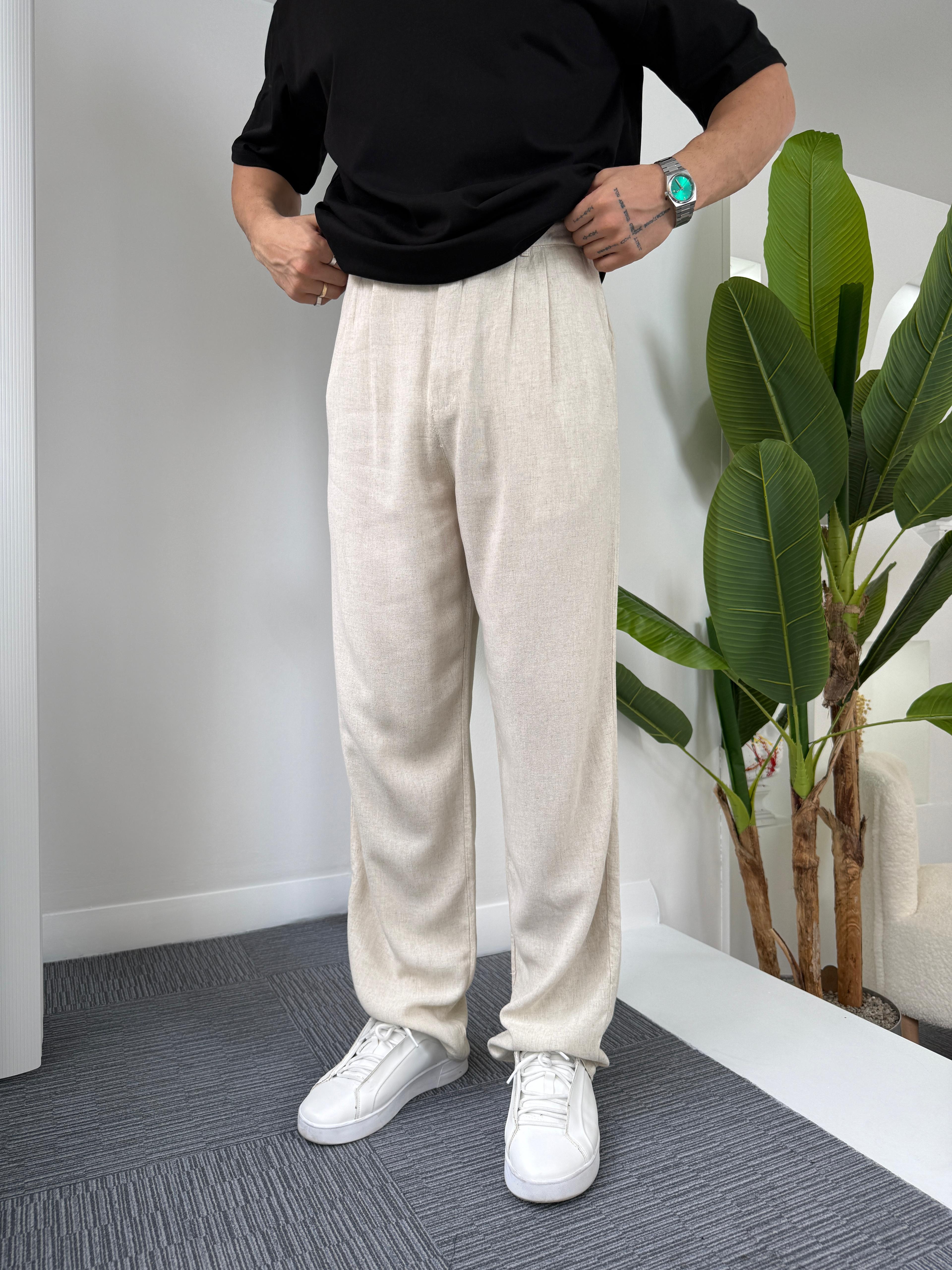 Bej GG Viscon Keten Baggy Pantolon