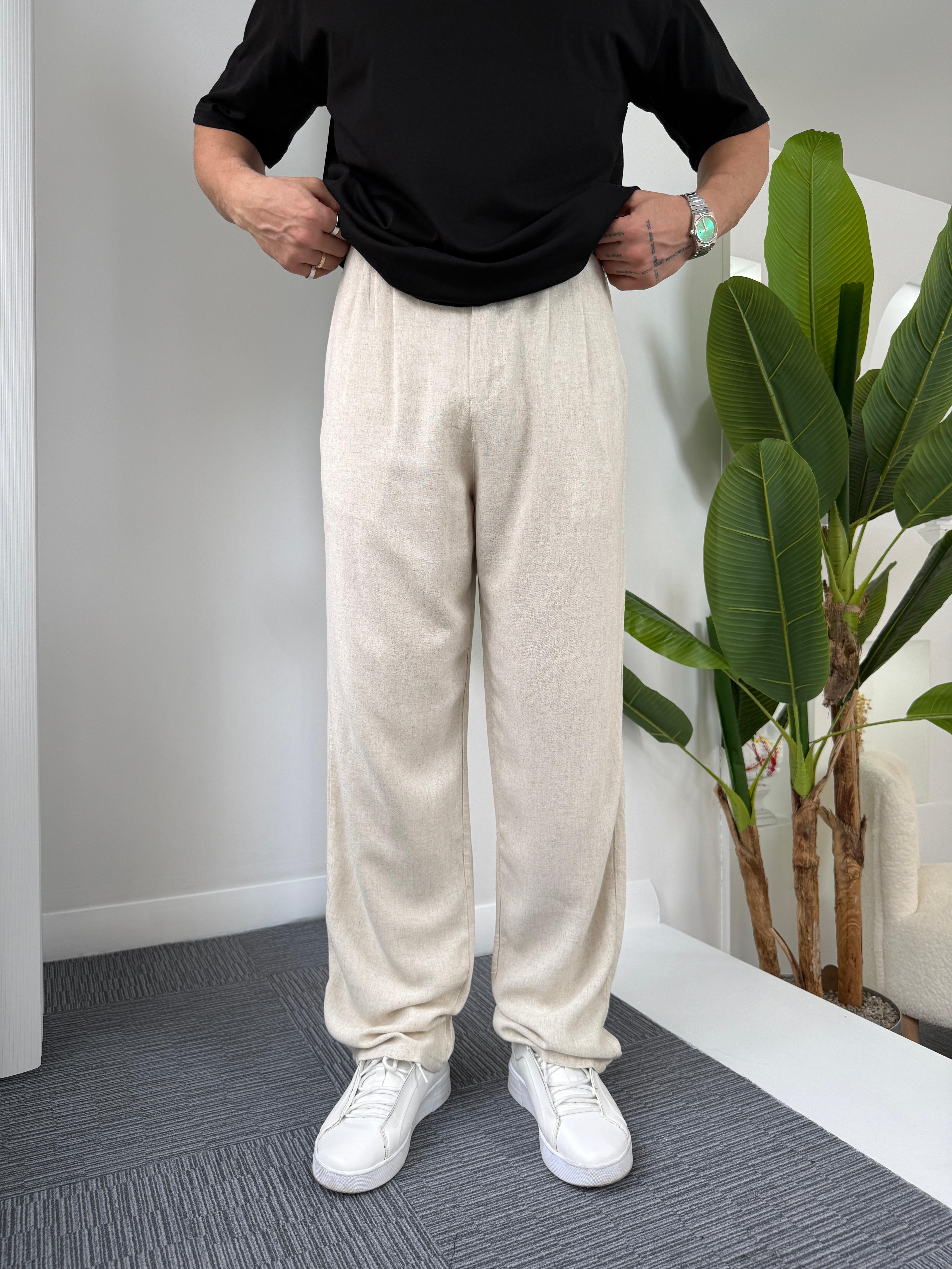 Bej GG Viscon Keten Baggy Pantolon