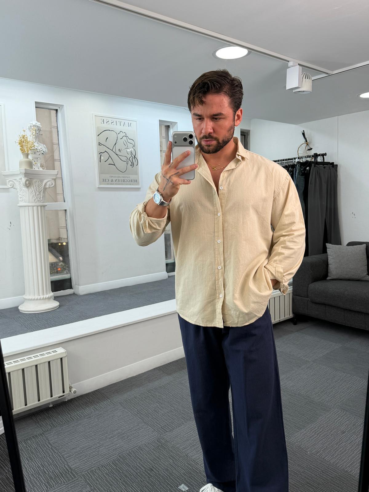 Bej Giesto Oversize Fresh Keten Gömlek