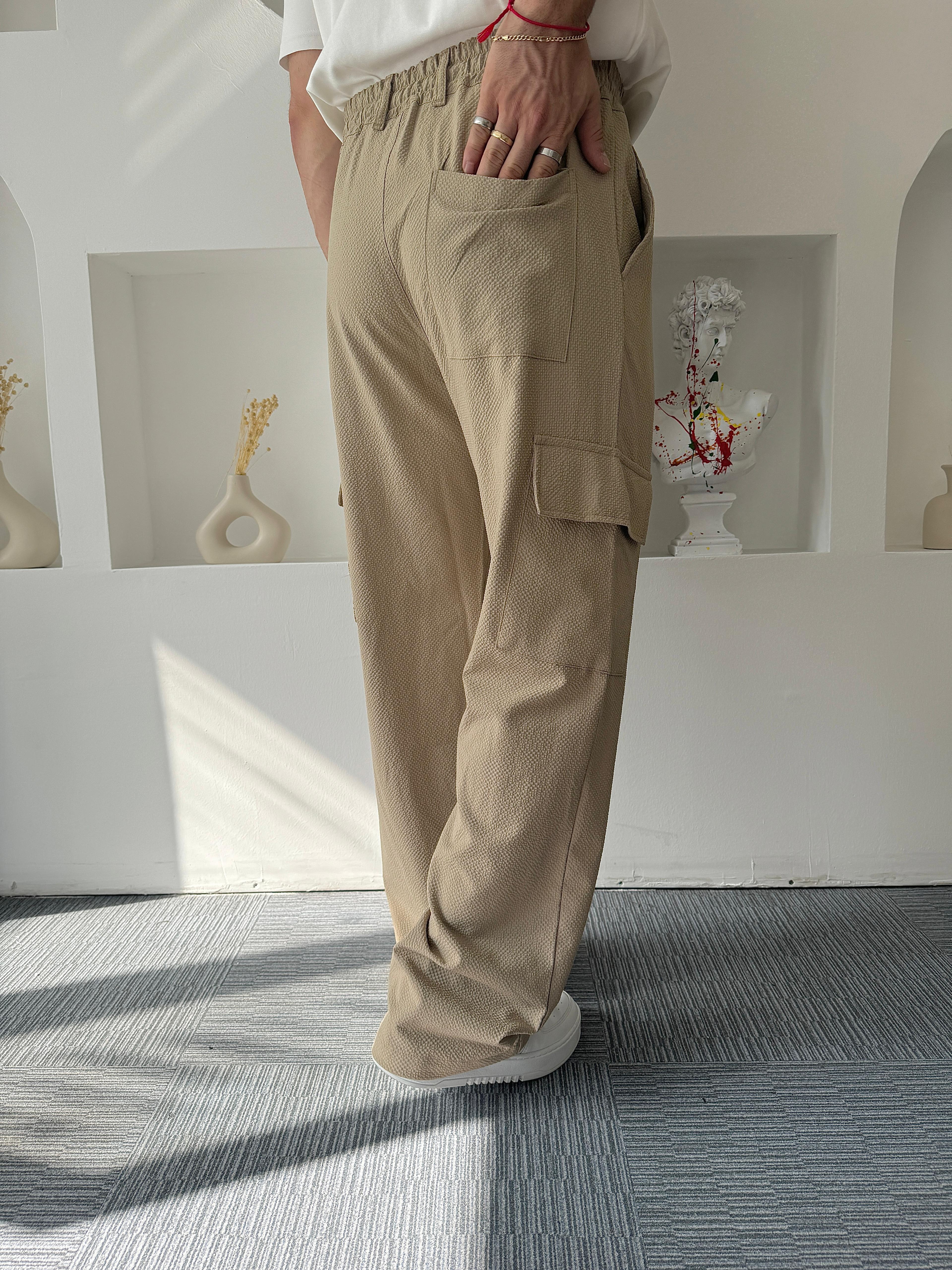 Bej Gofre Kumaş Baggy Kargo Pantolon