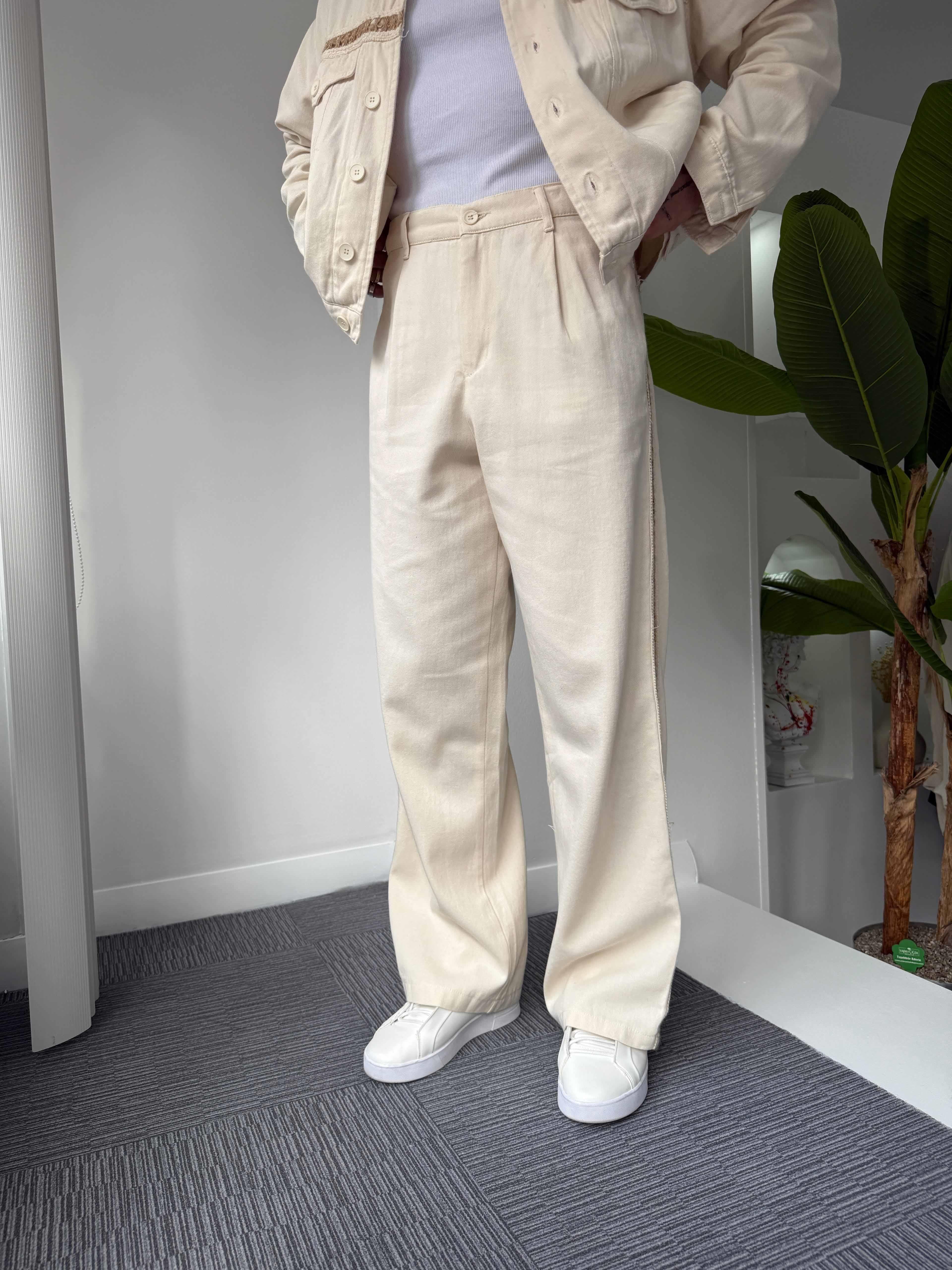 Bej Hasır Şeritli Premium Baggy Pantolon