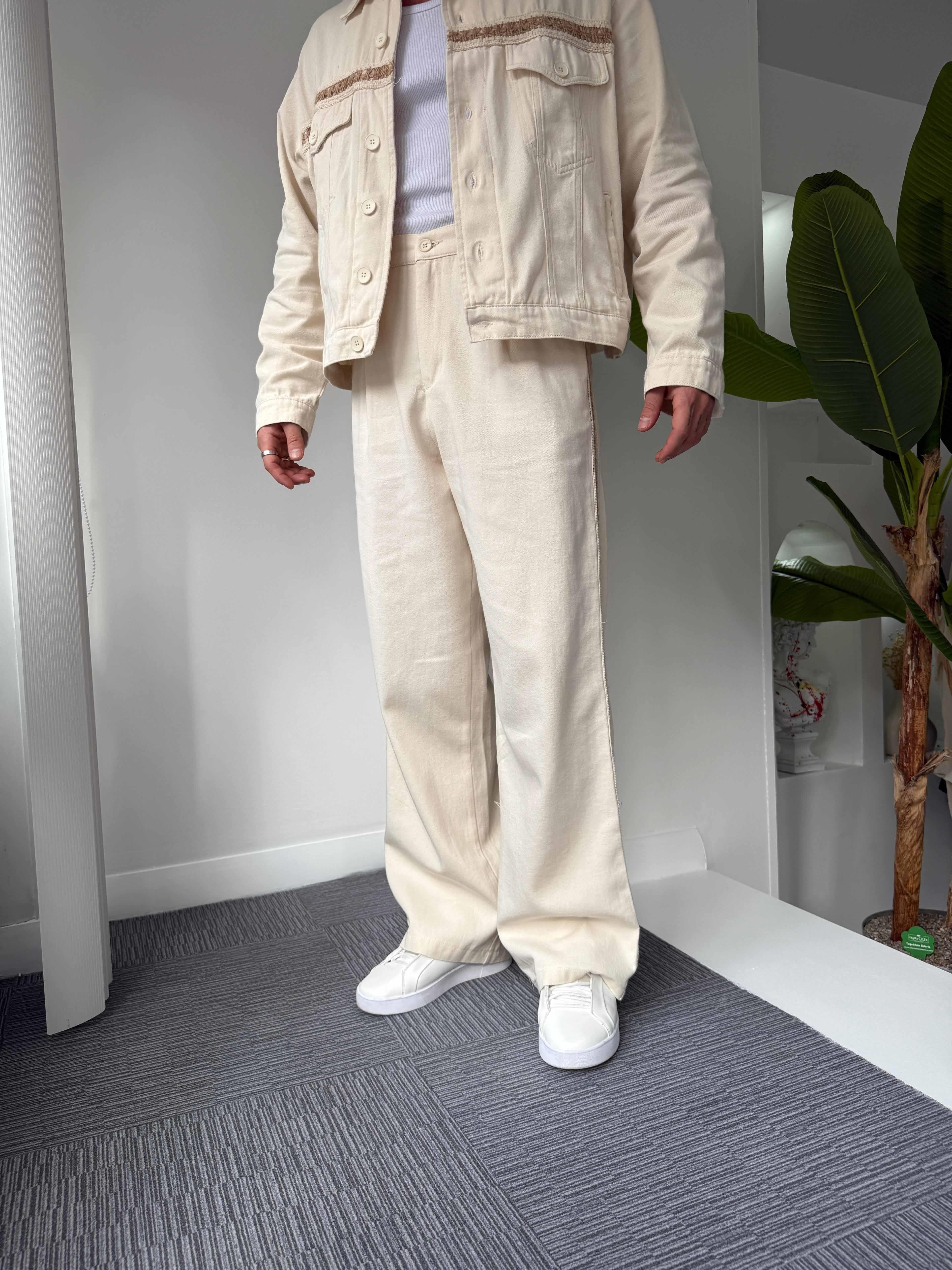 Bej Hasır Şeritli Premium Baggy Pantolon