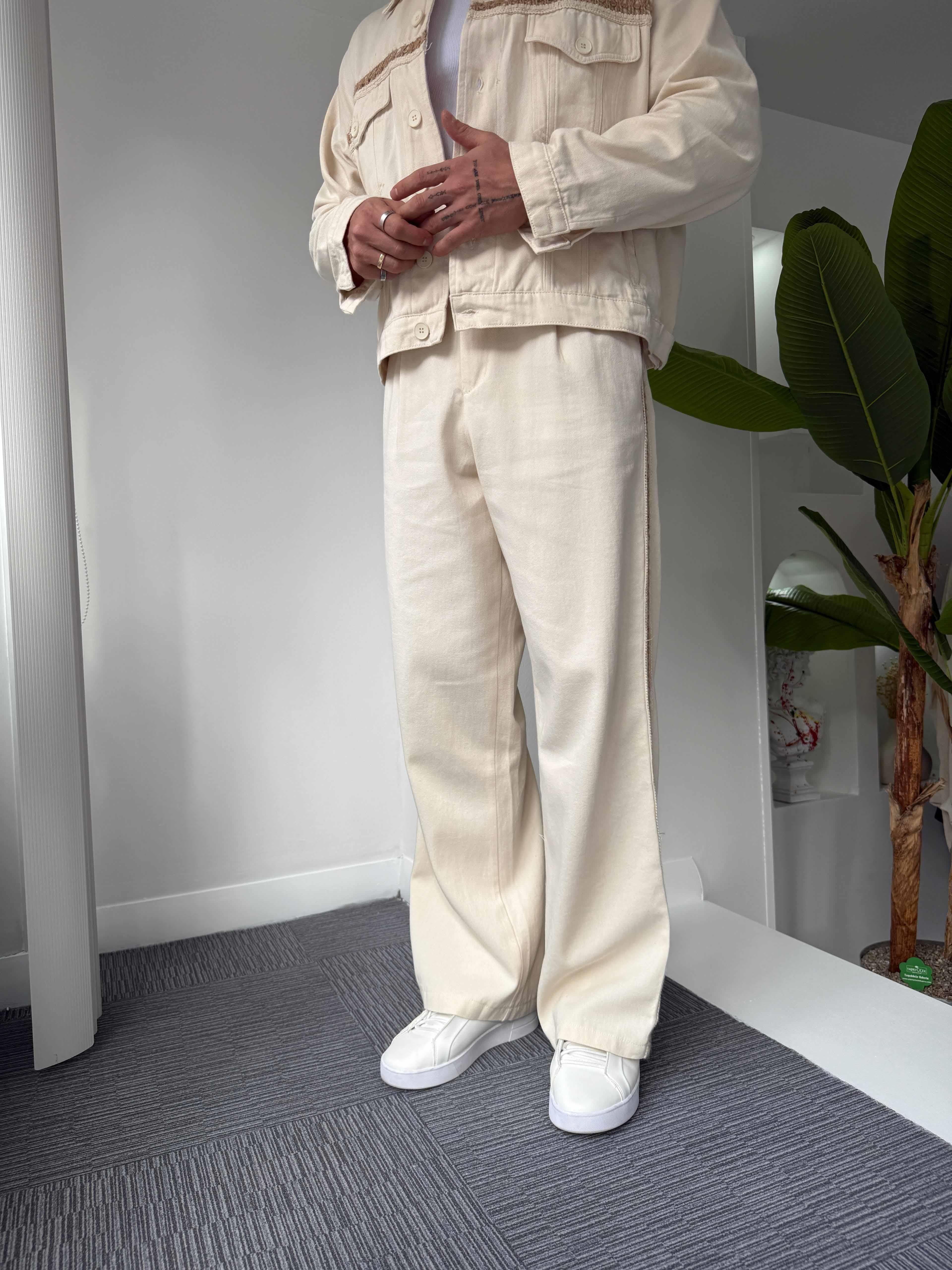 Bej Hasır Şeritli Premium Baggy Pantolon