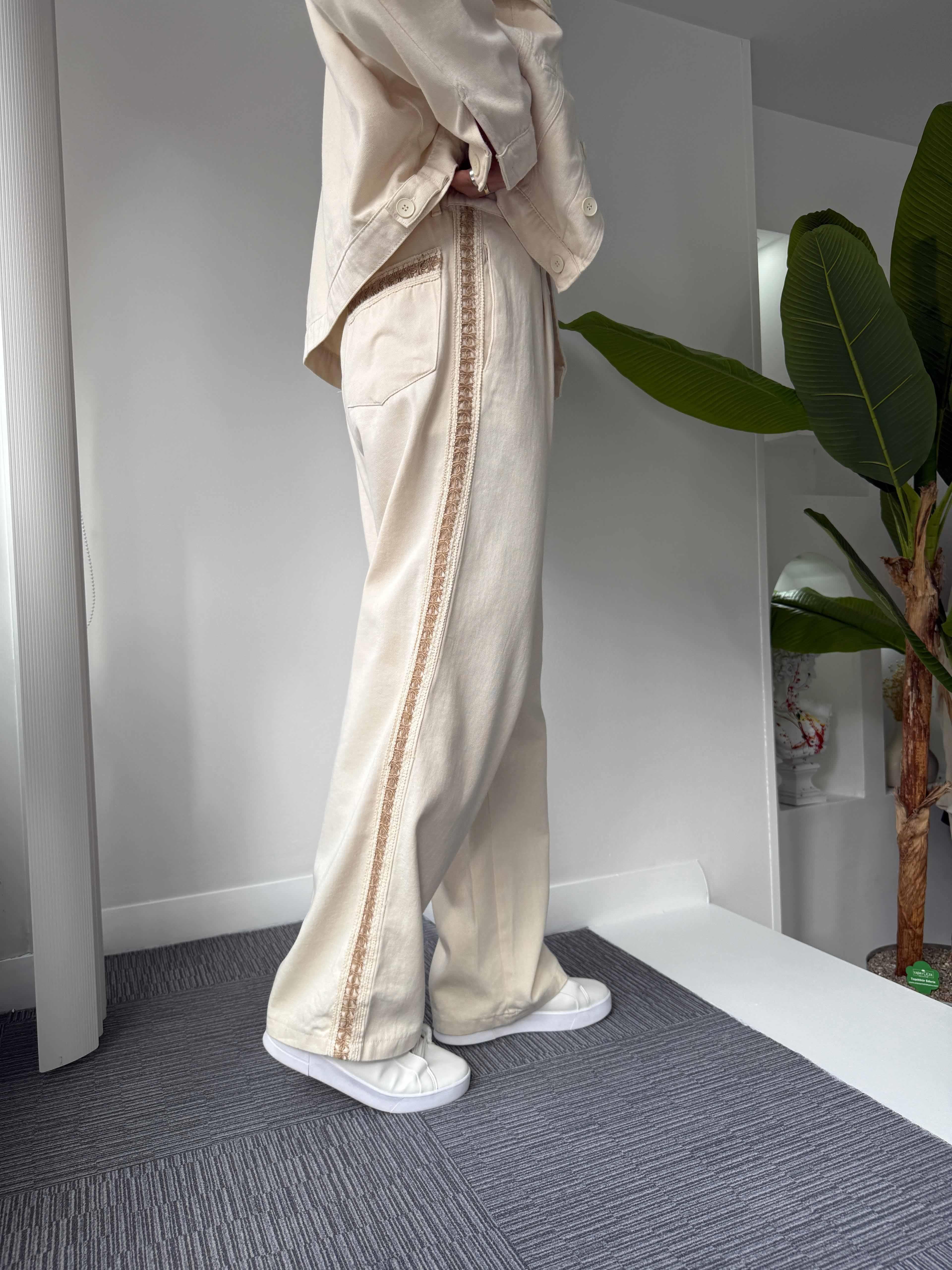 Bej Hasır Şeritli Premium Baggy Pantolon
