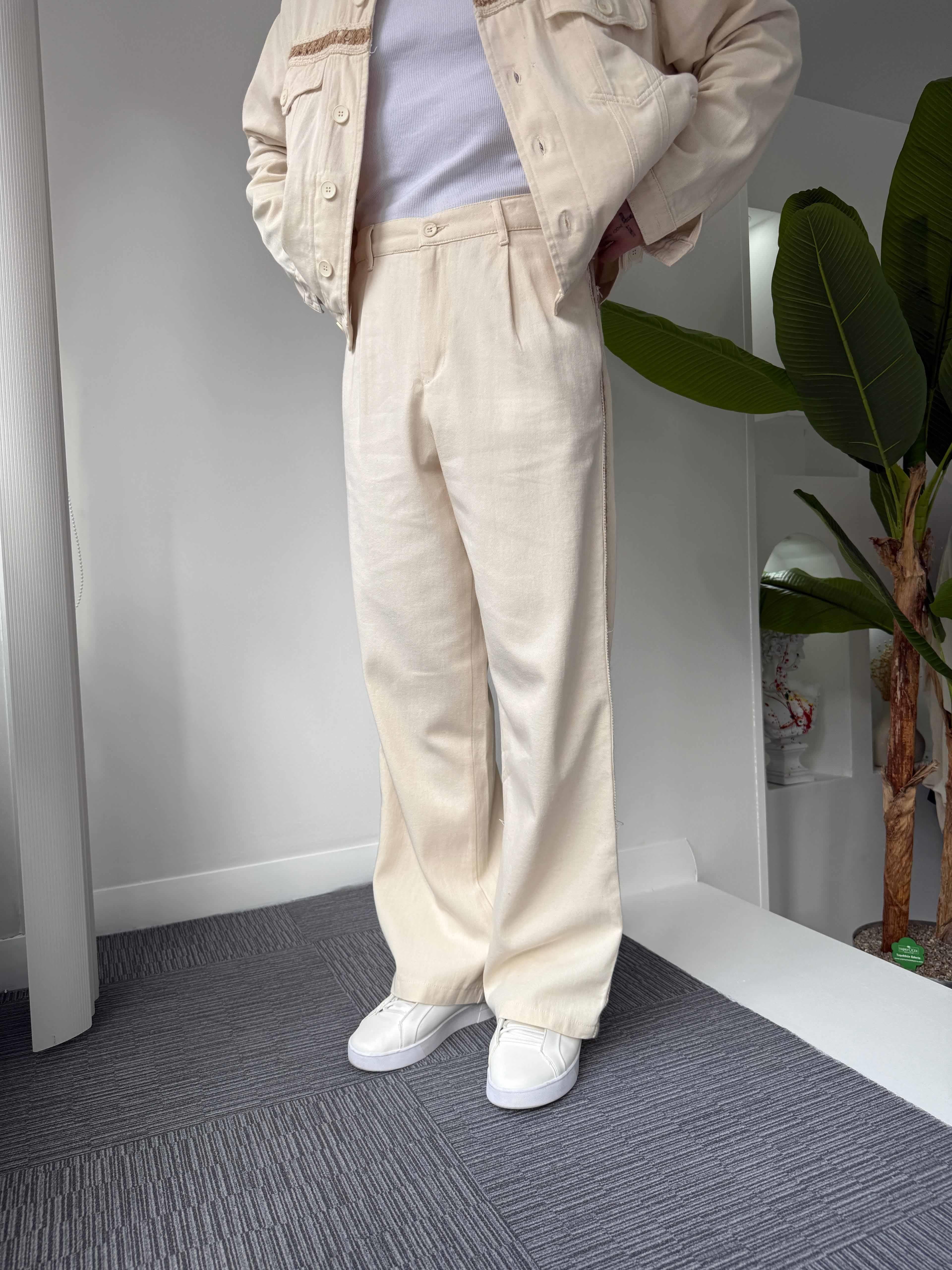 Bej Hasır Şeritli Premium Baggy Pantolon