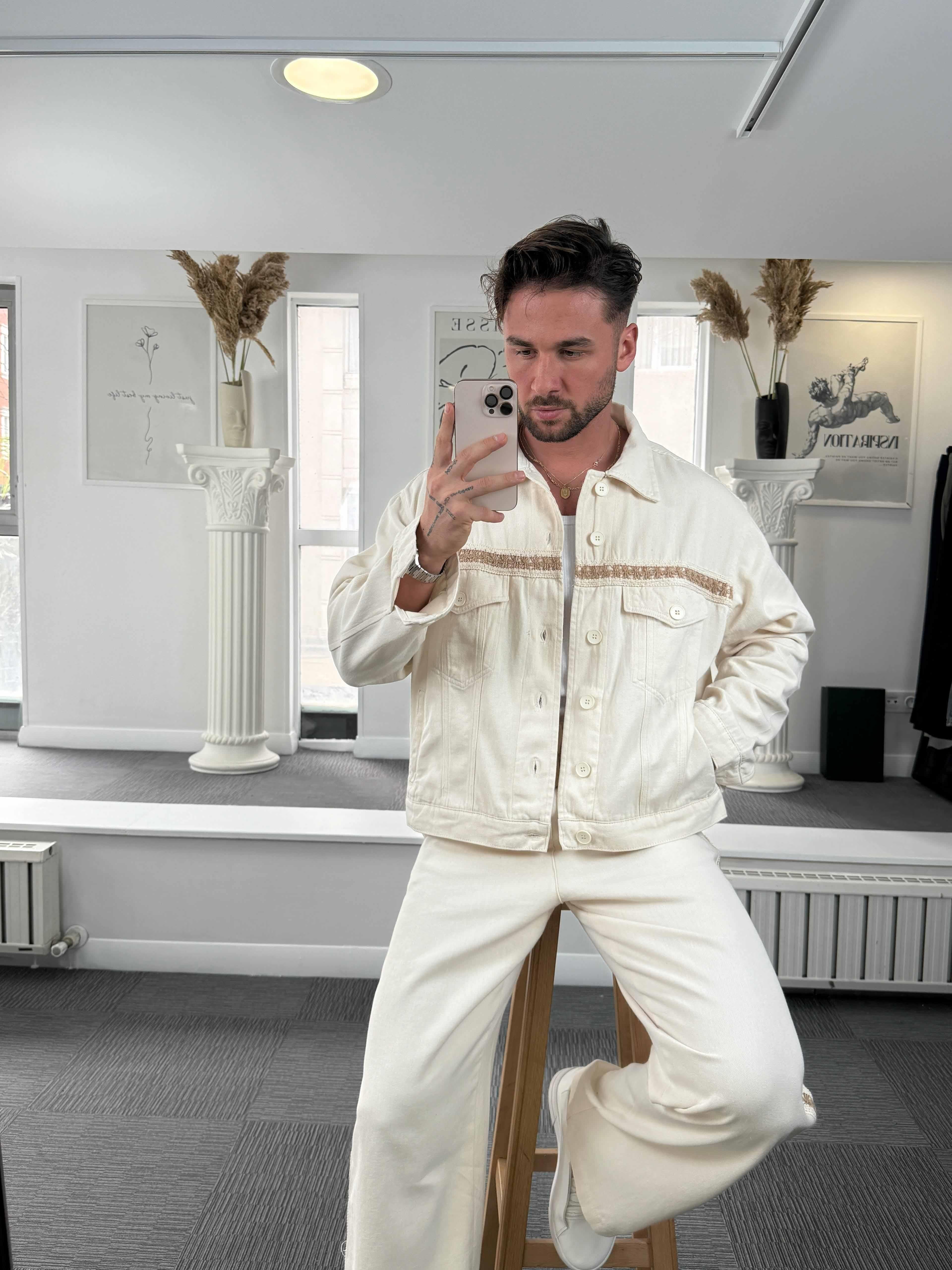 Bej Hasır Şeritli Premium Gabardin Ceket