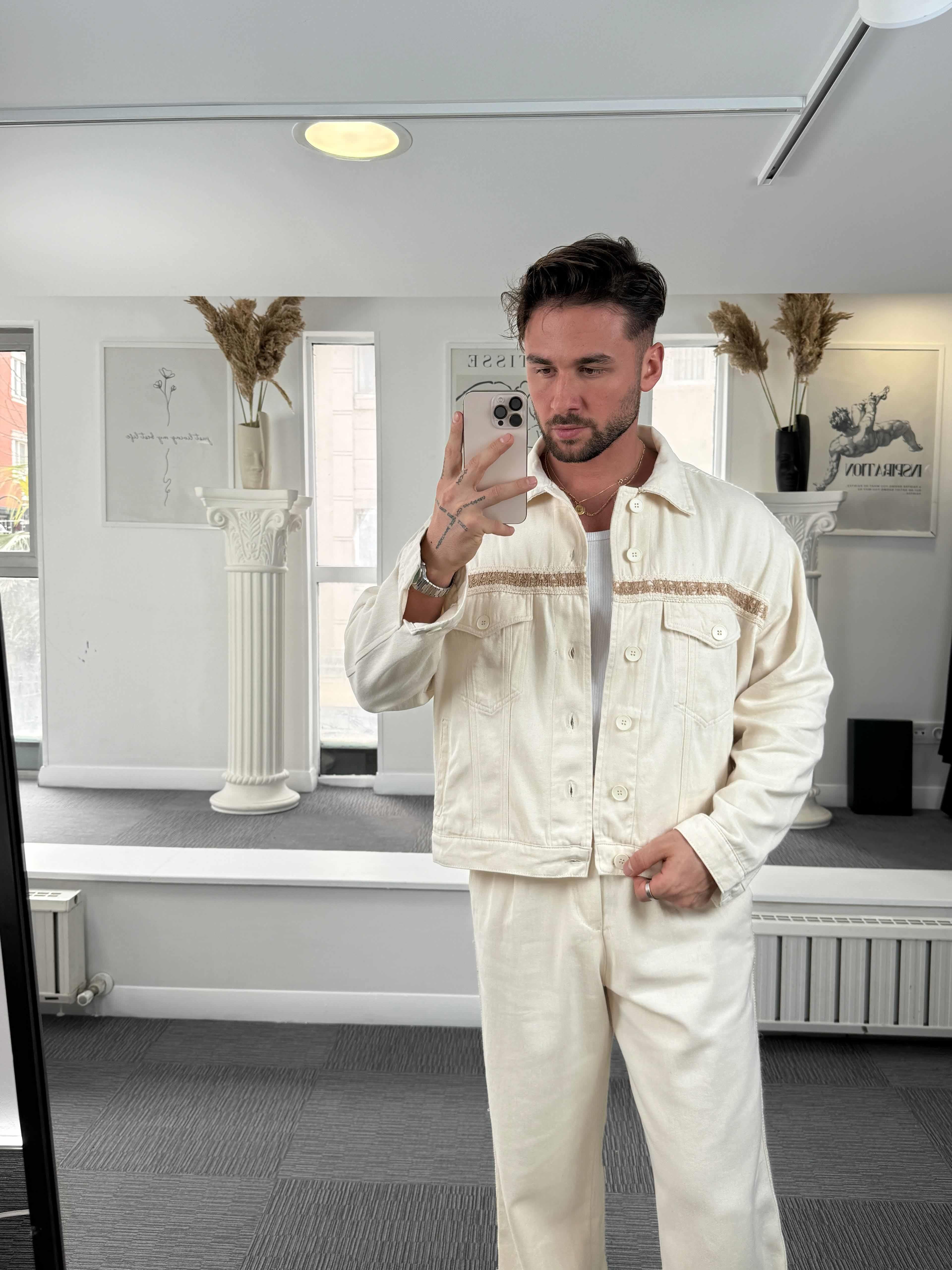 Bej Hasır Şeritli Premium Gabardin Ceket