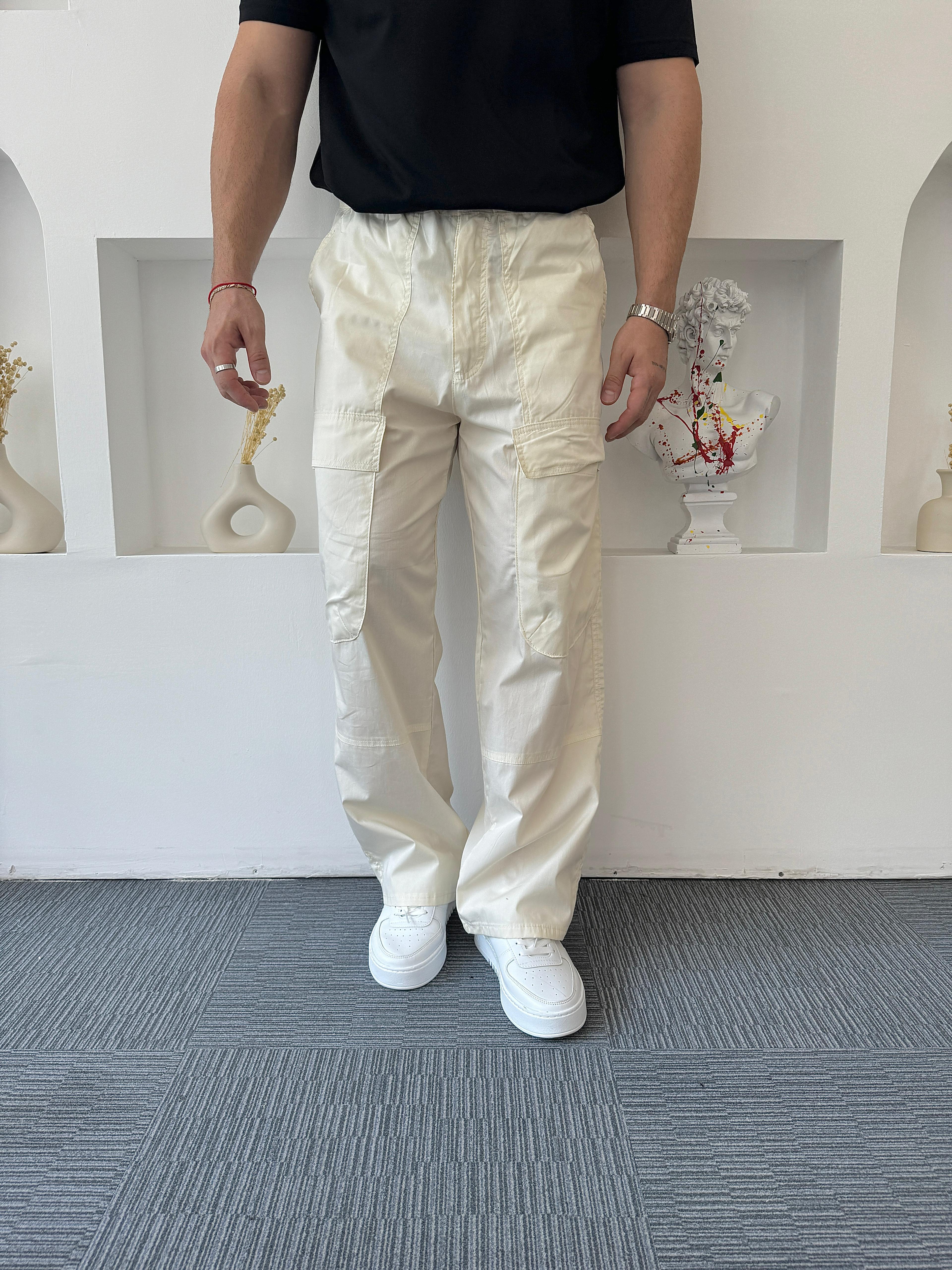 Bej İnce Gabardin Baggy Kargo Pantolon