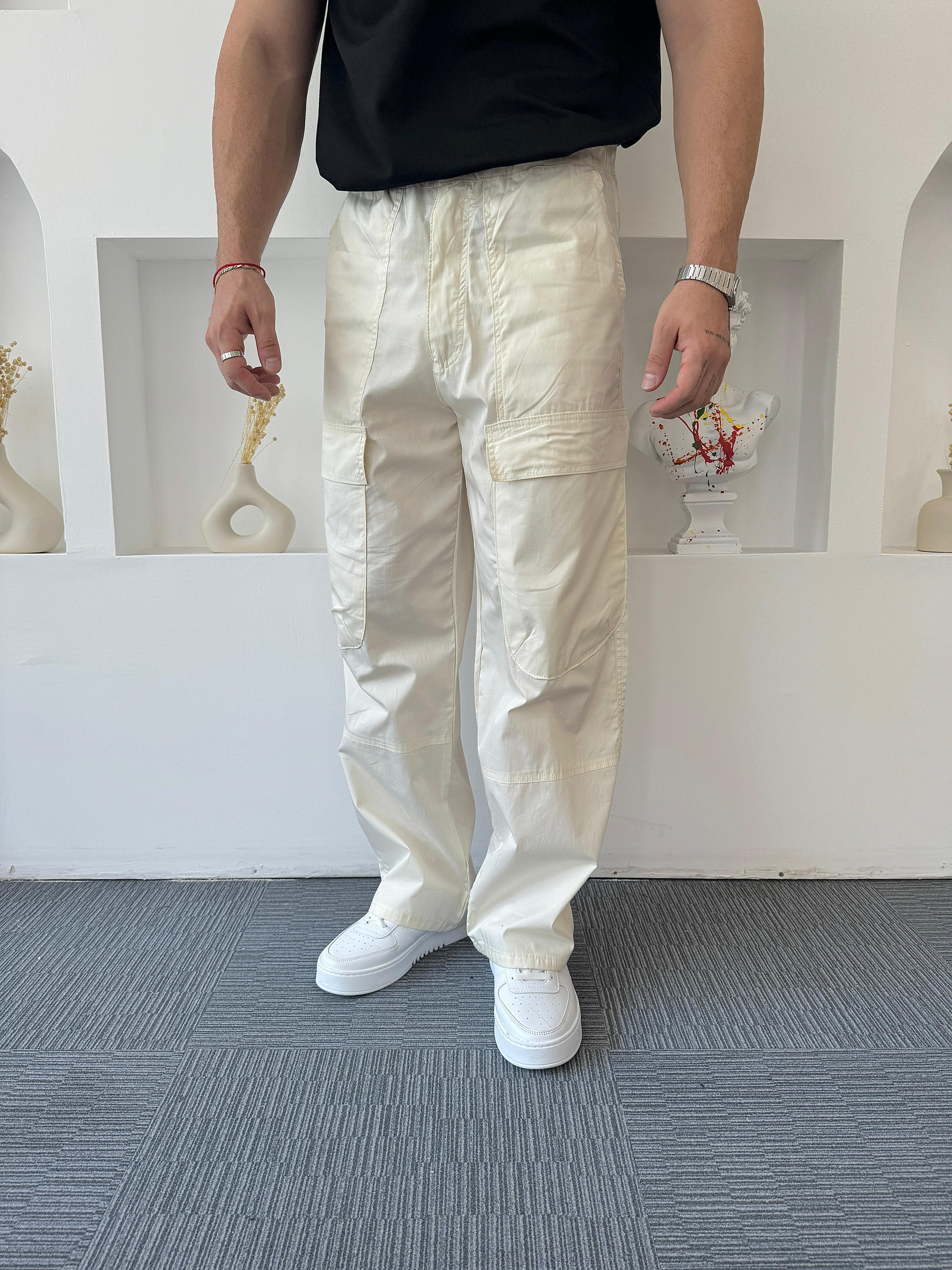 Bej İnce Gabardin Baggy Kargo Pantolon