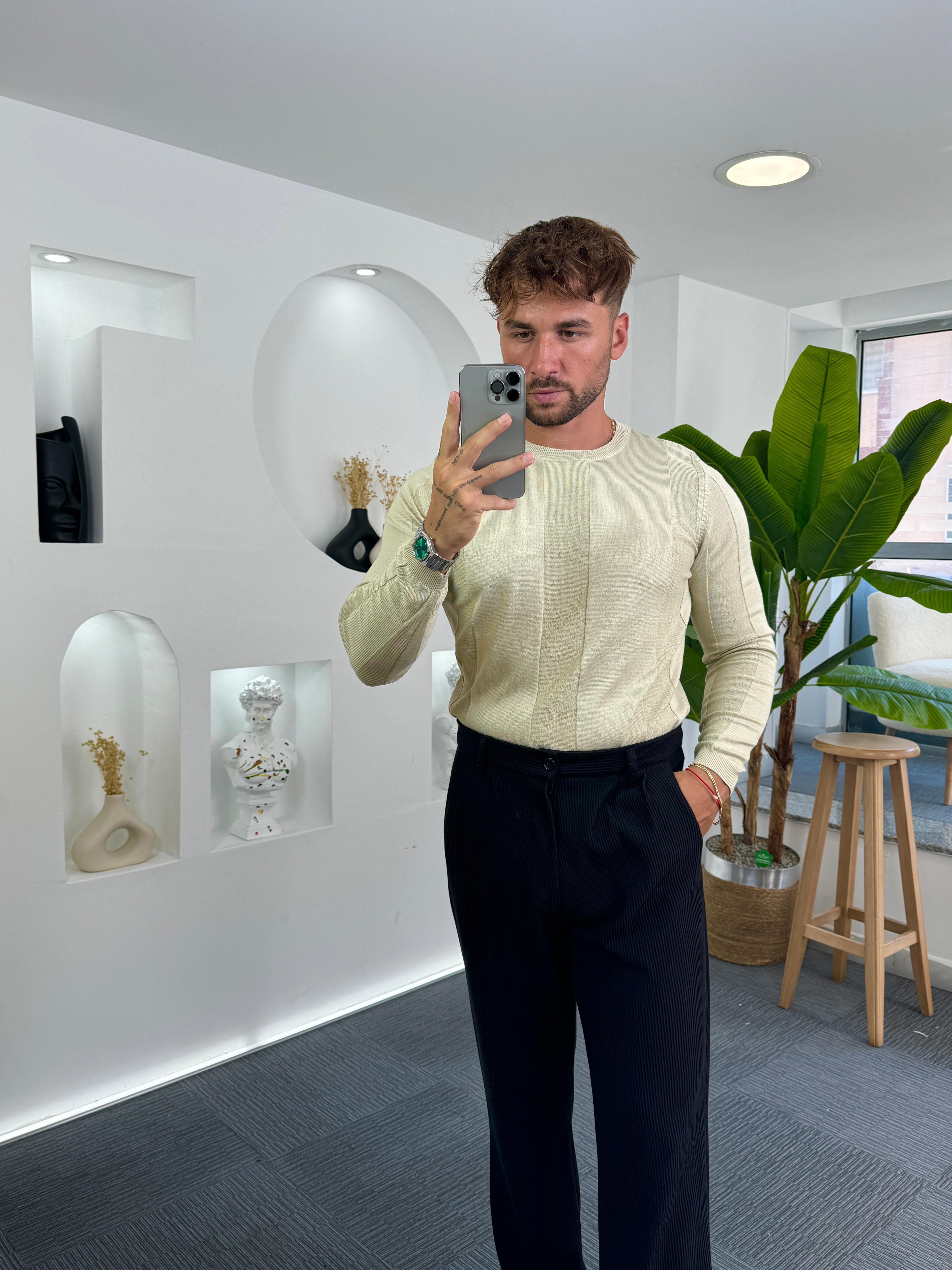 Bej Kalın Şeritli Slim Fit Uzun Kol Triko