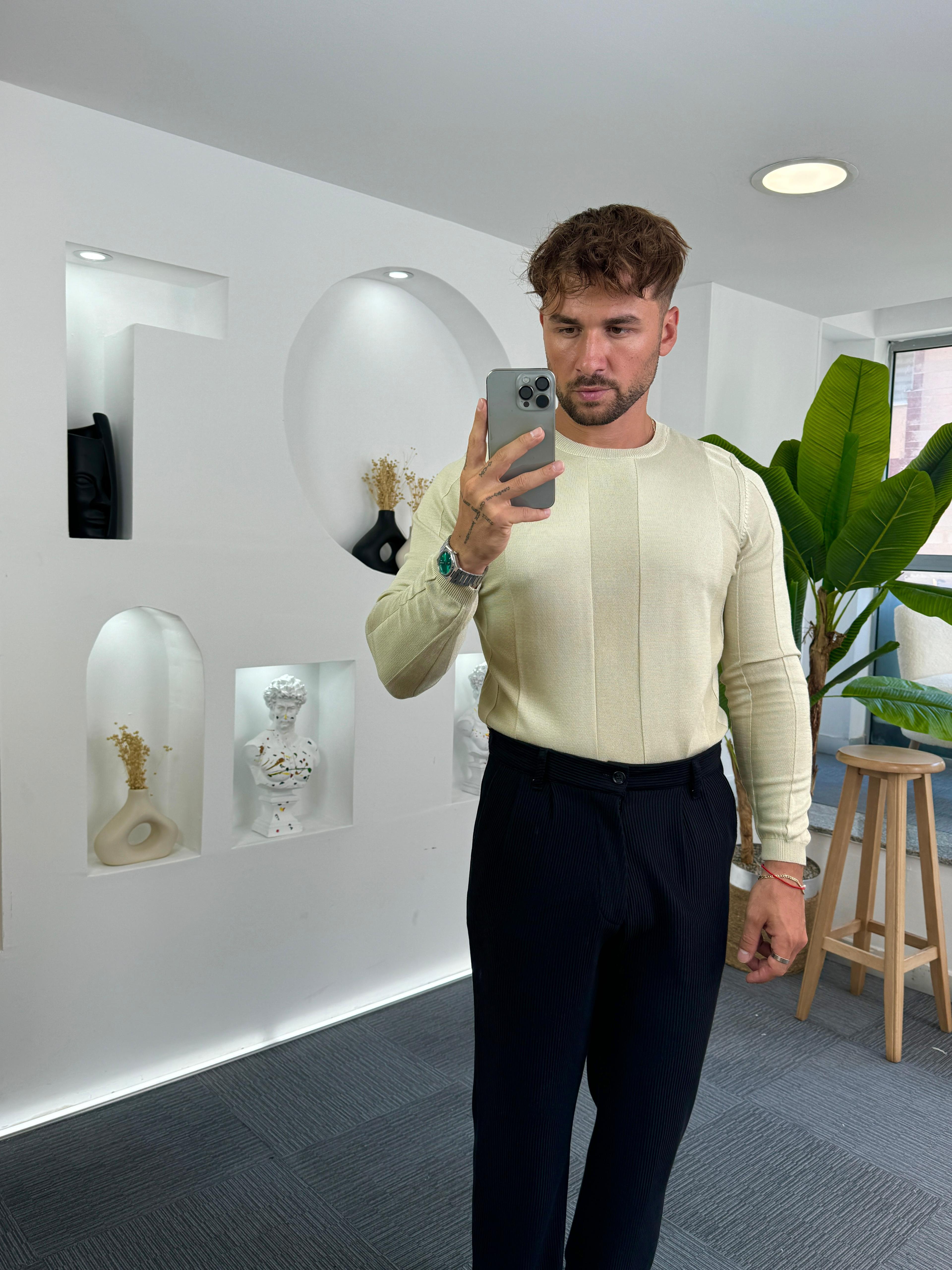 Bej Kalın Şeritli Slim Fit Uzun Kol Triko