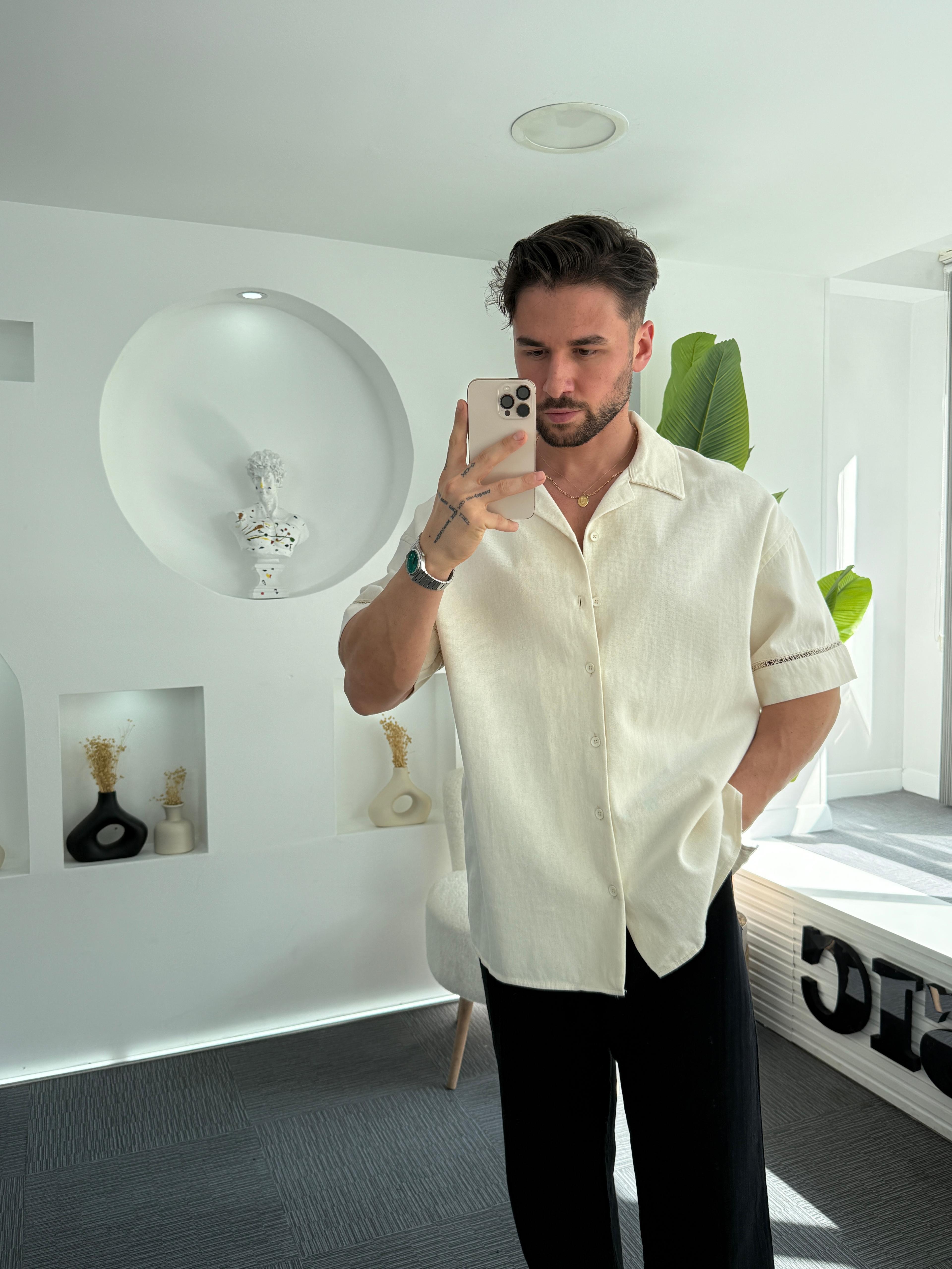 Bej Kısa Kol Nakışlı Oversize Gabardin Gömlek