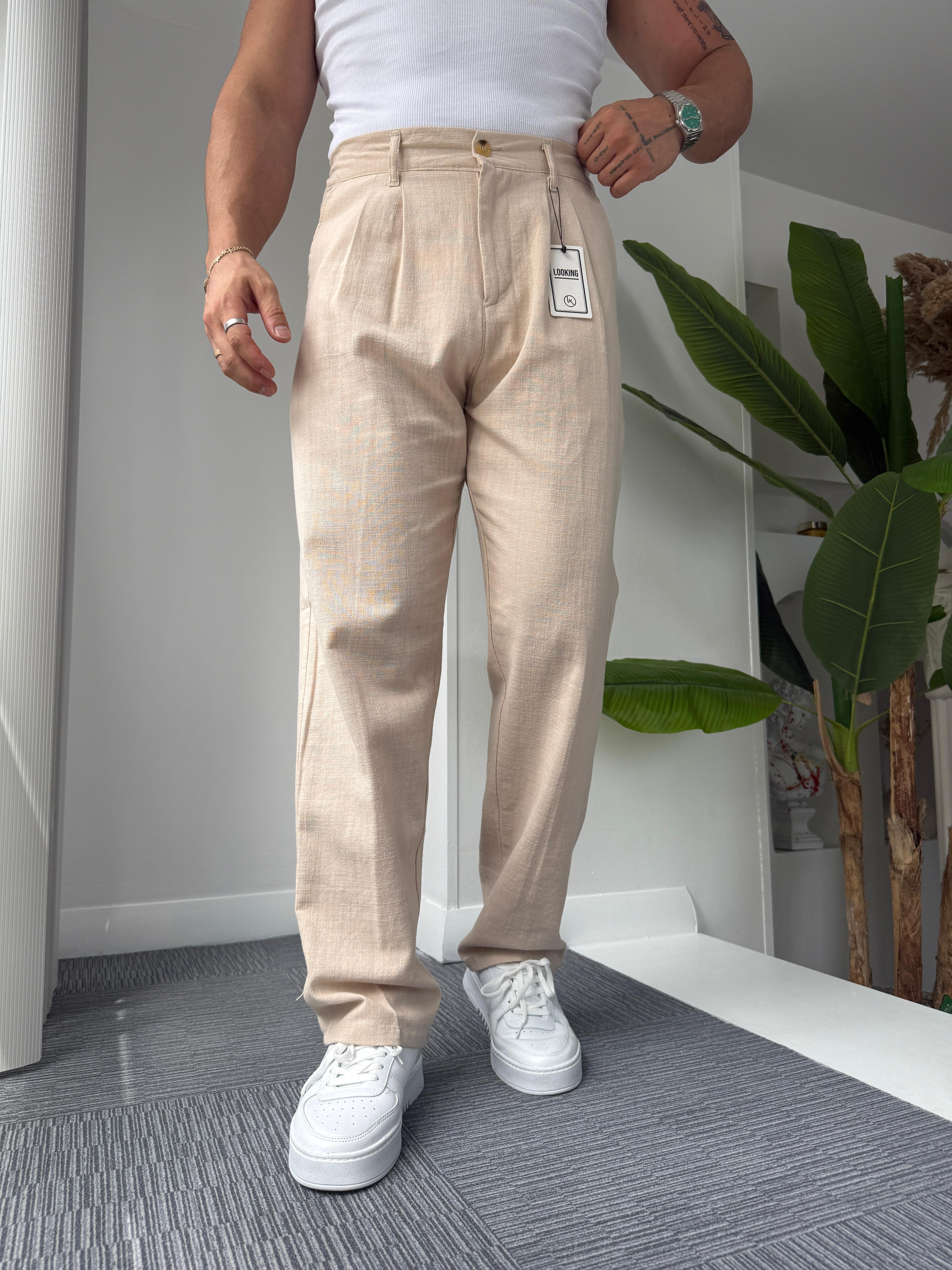 Bej LK Pileli Baggy Keten Pantolon