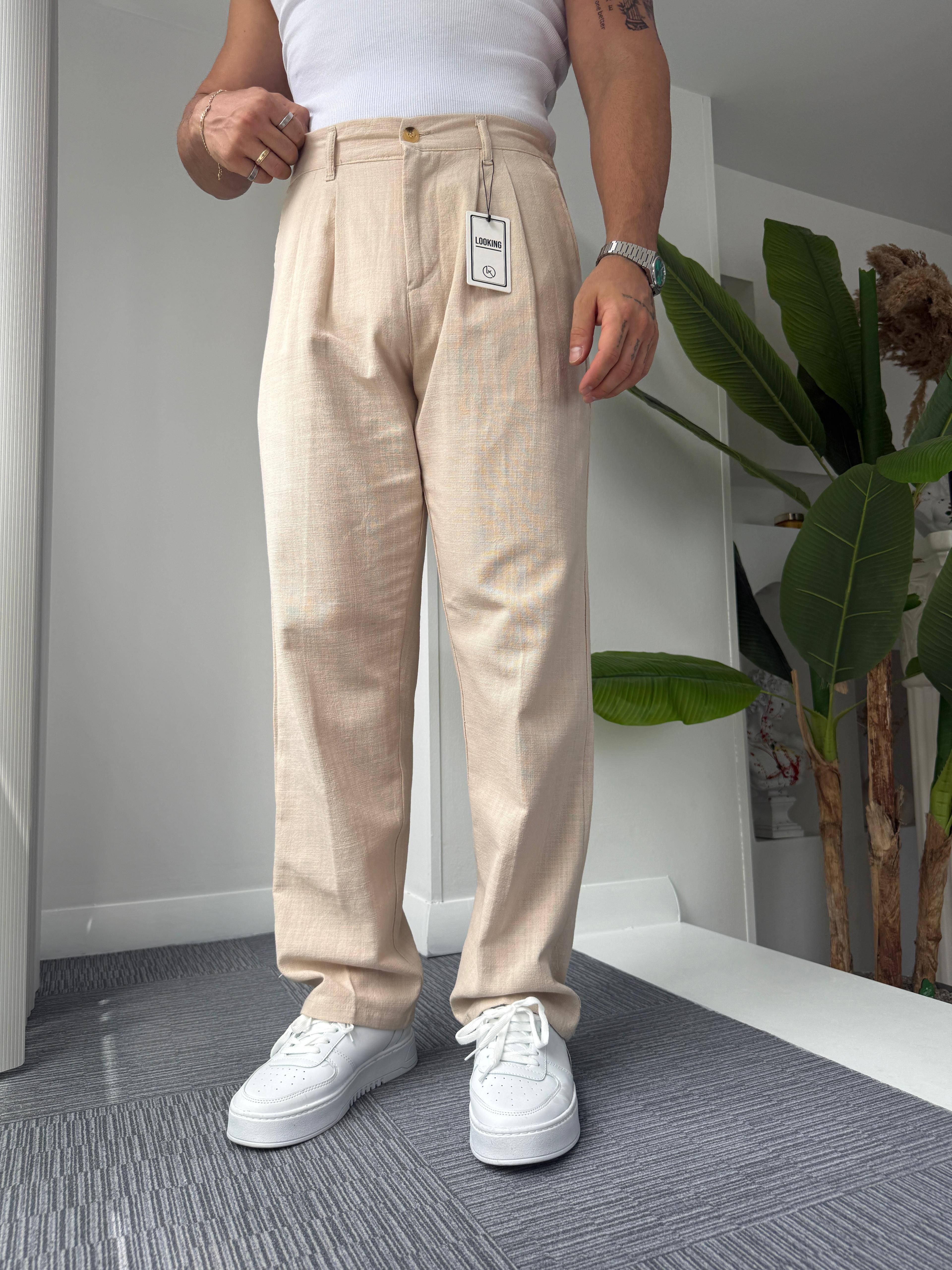 Bej LK Pileli Baggy Keten Pantolon