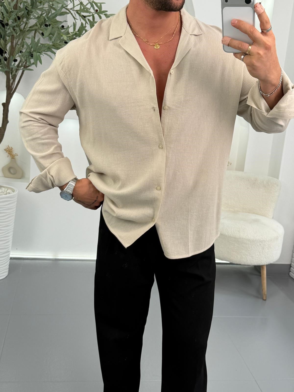 Bej Mr Açık Yaka Regular Fit Gömlek