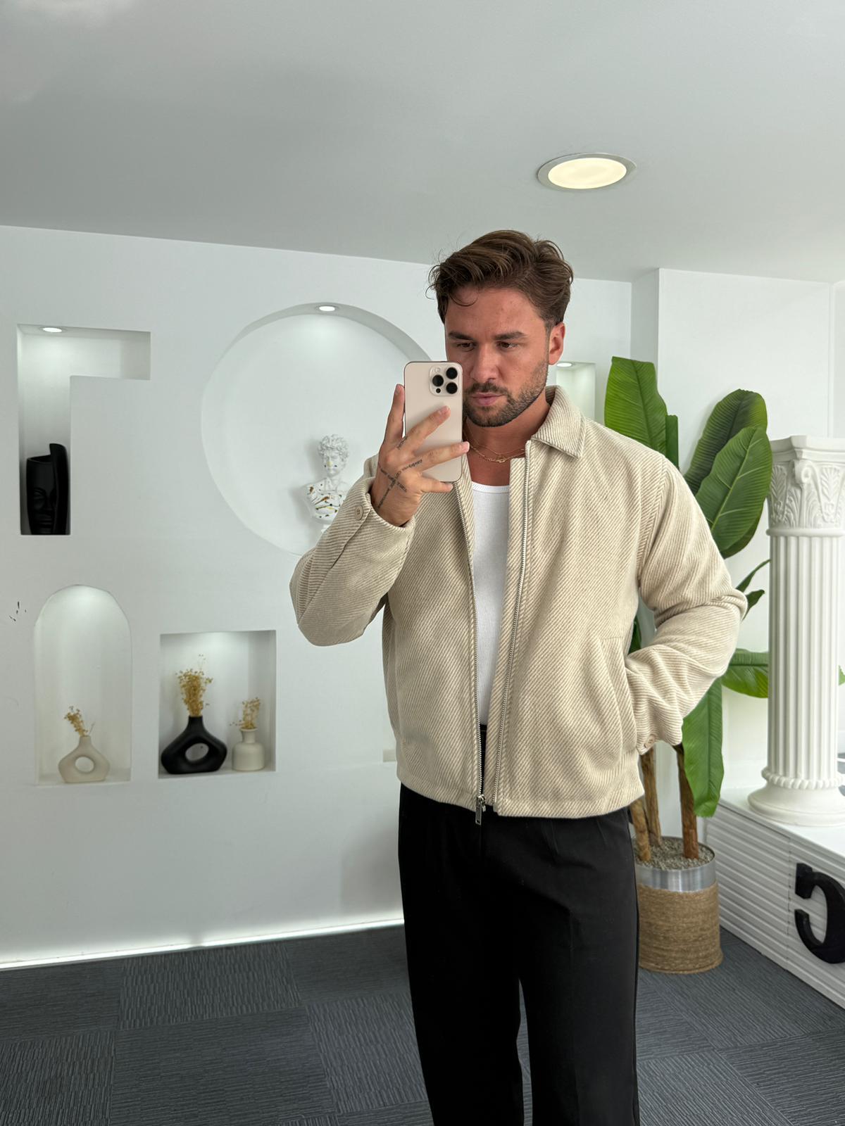 Bej Mr Çizgili Crop Kaşe Ceket