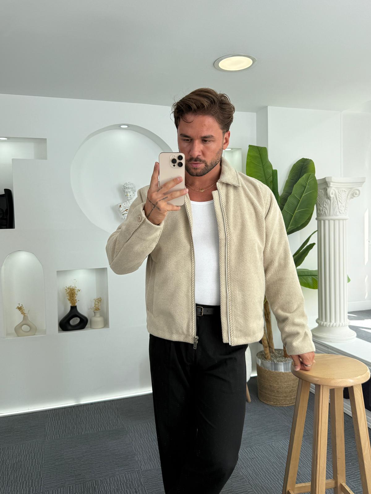 Bej Mr Çizgili Crop Kaşe Ceket