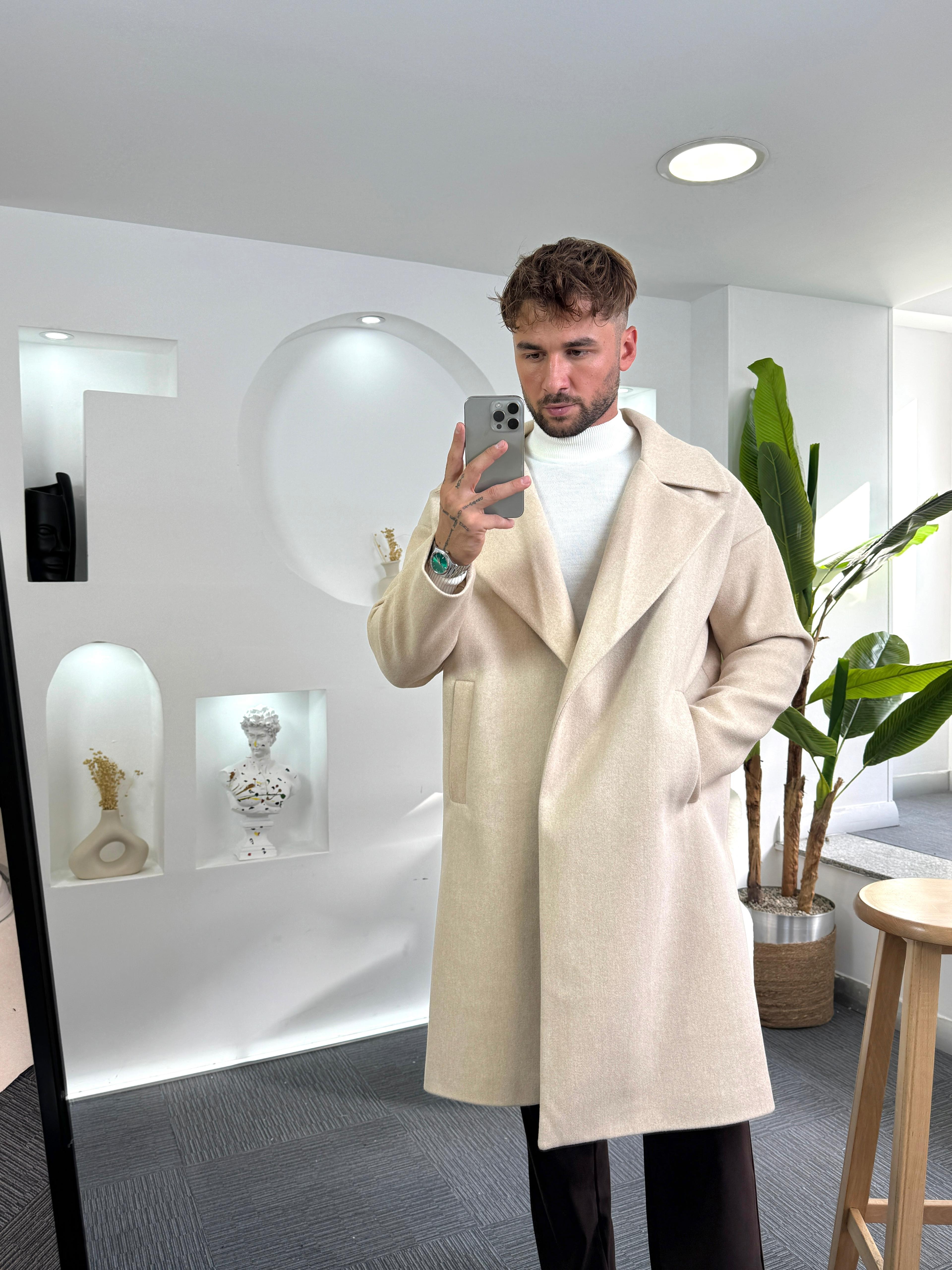 Bej Oversize Eks Kaşe Kaban