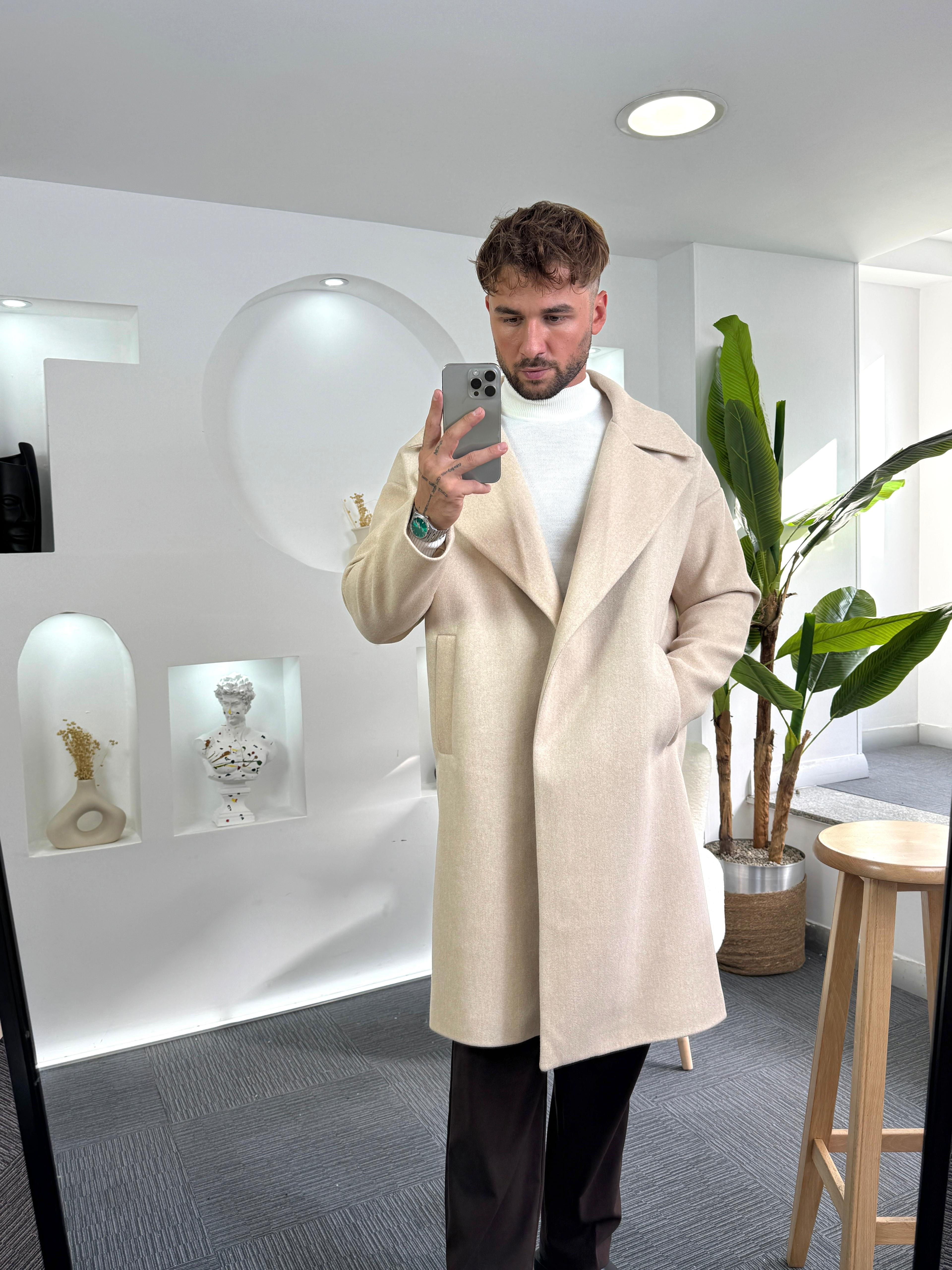 Bej Oversize Eks Kaşe Kaban