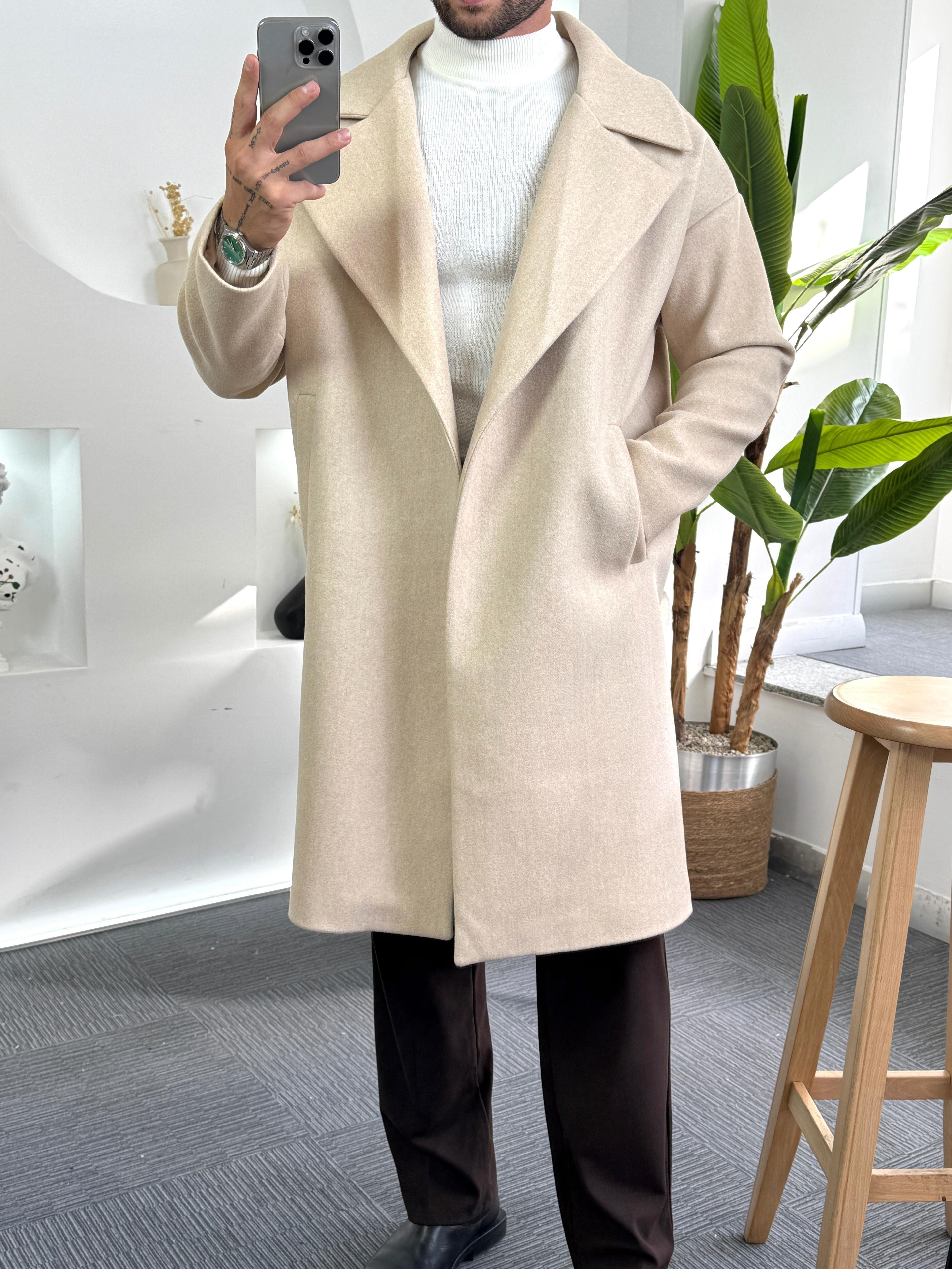 Bej Oversize Eks Kaşe Kaban