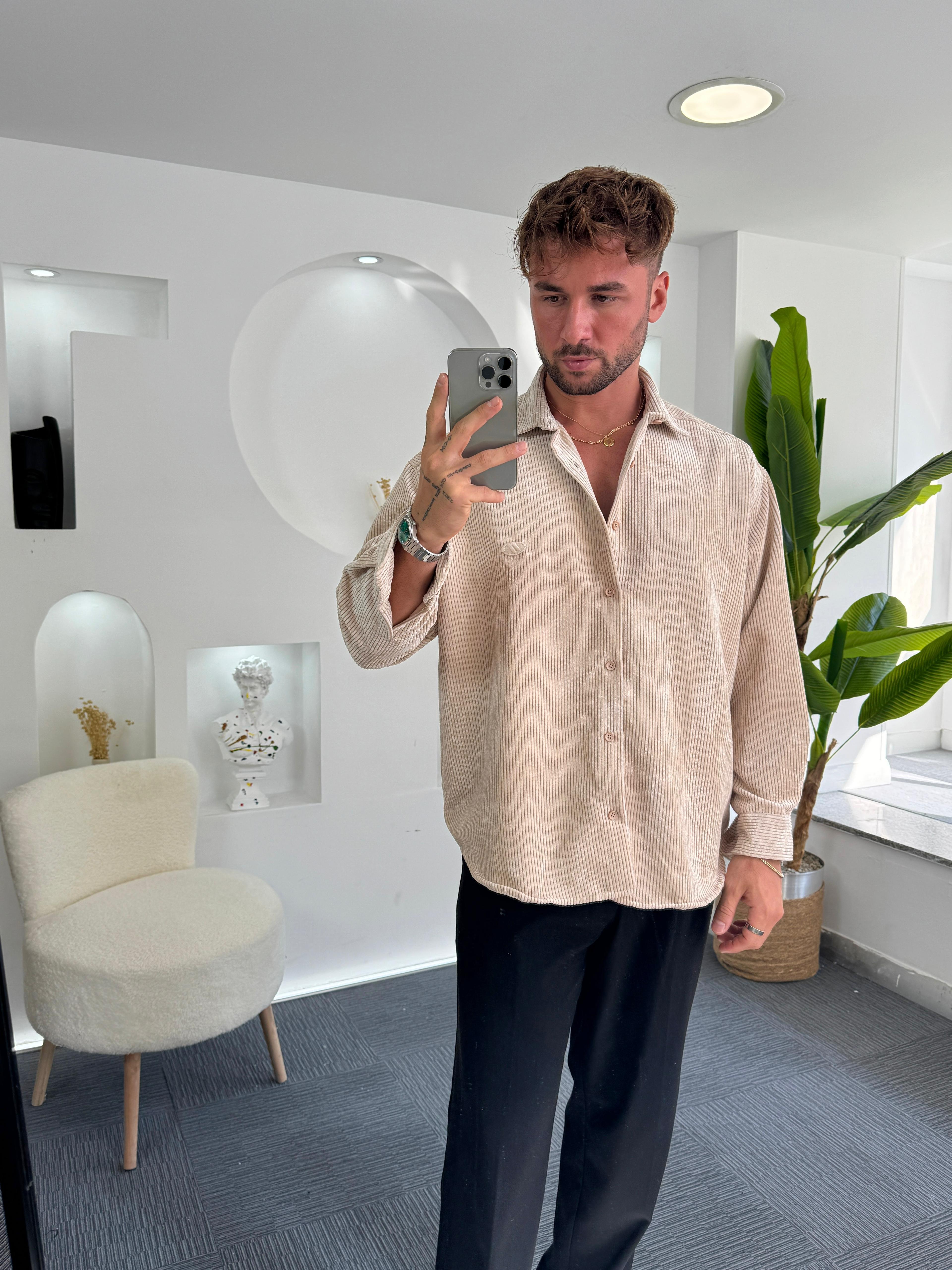 Bej Oversize GG Kadife Gömlek