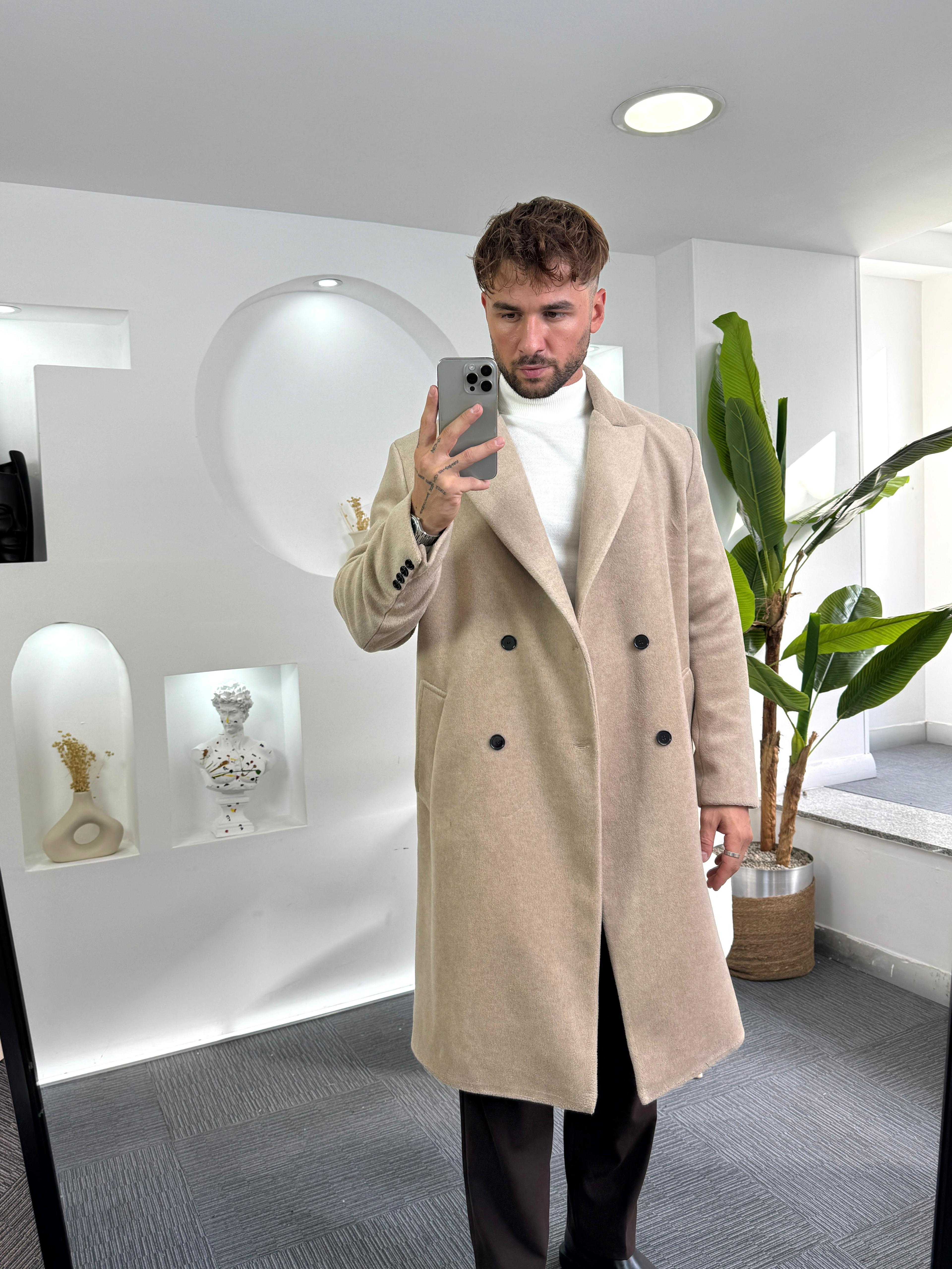 Bej Oversize Giesto Kaşe Kaban
