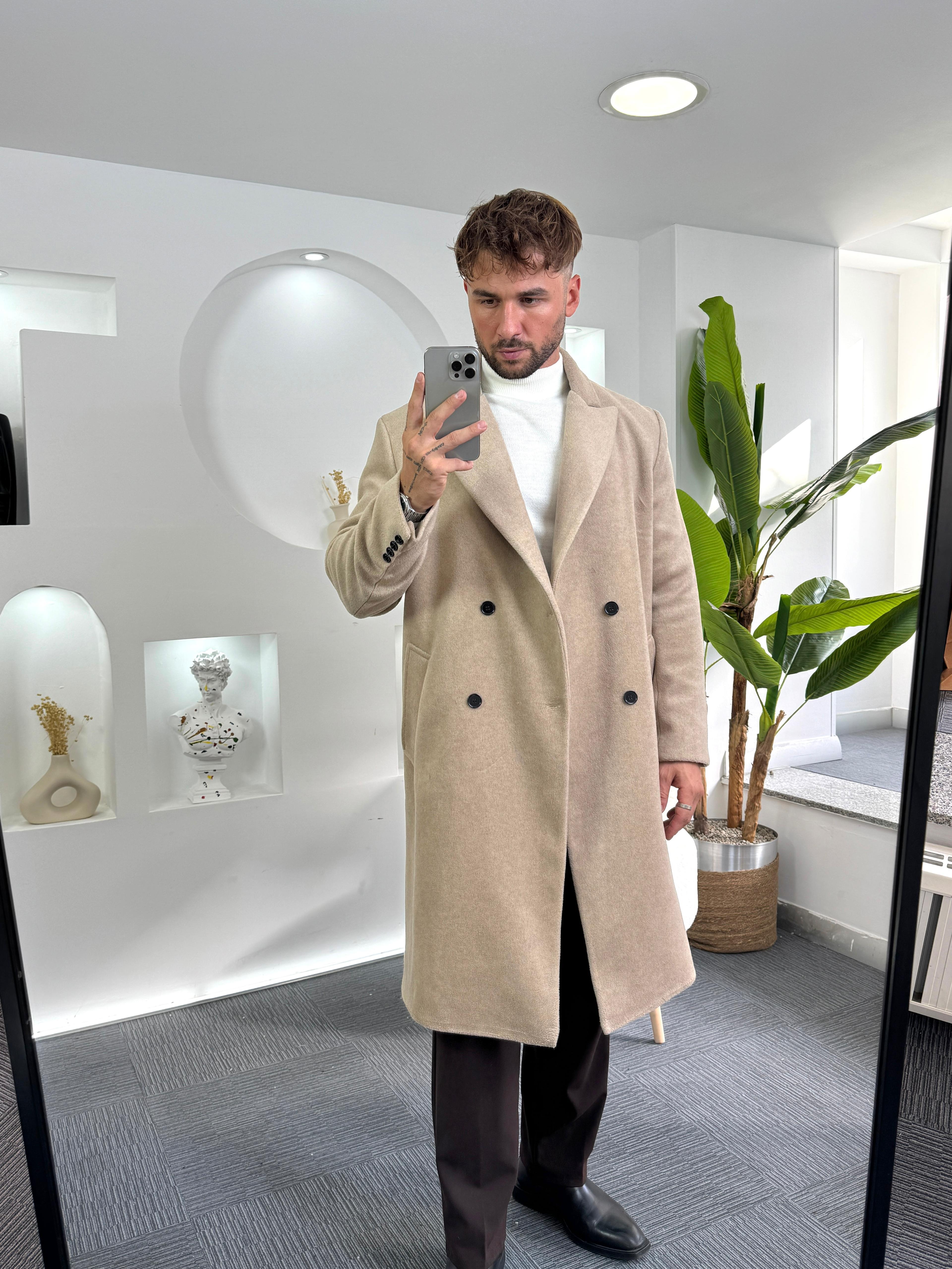 Bej Oversize Giesto Kaşe Kaban