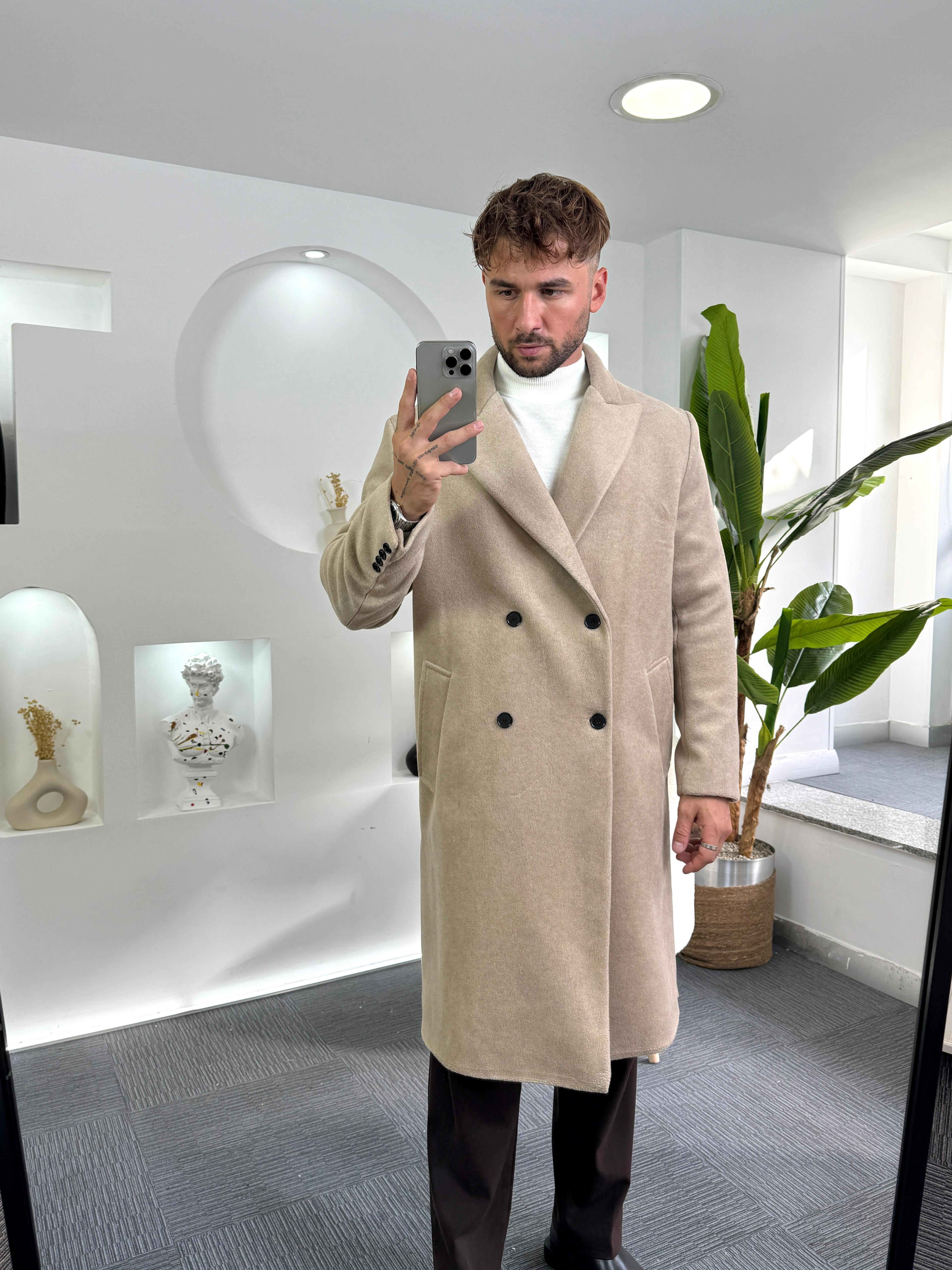 Bej Oversize Giesto Kaşe Kaban