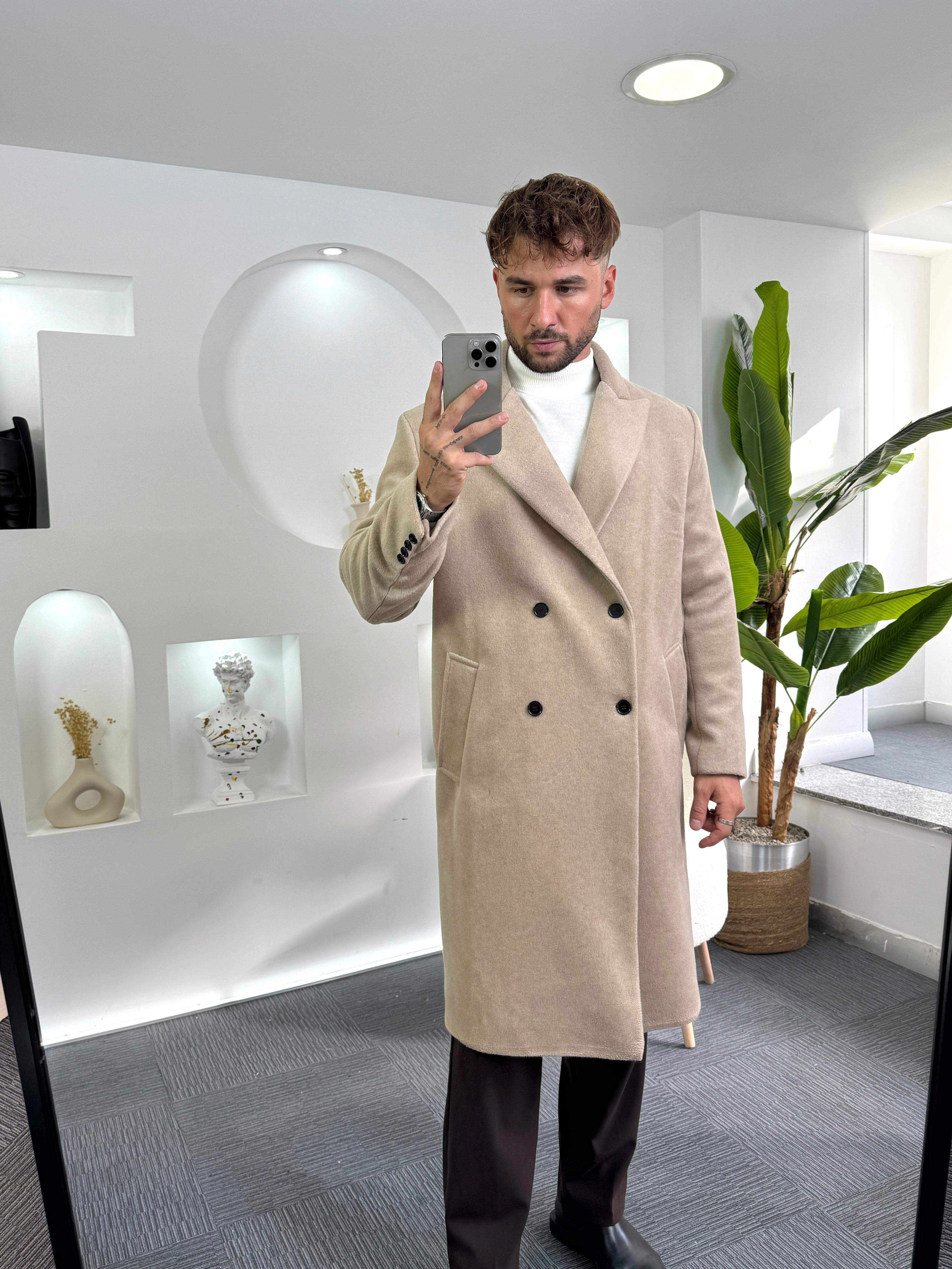 Bej Oversize Giesto Kaşe Kaban