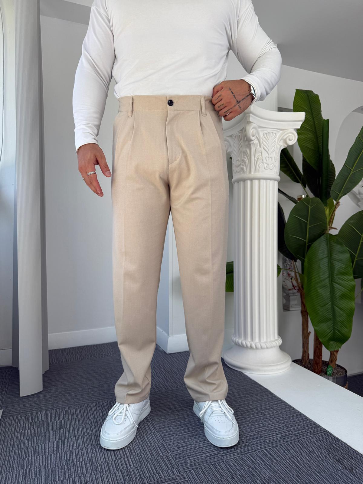 Bej Pileli Baggy Kumaş Pantolon 