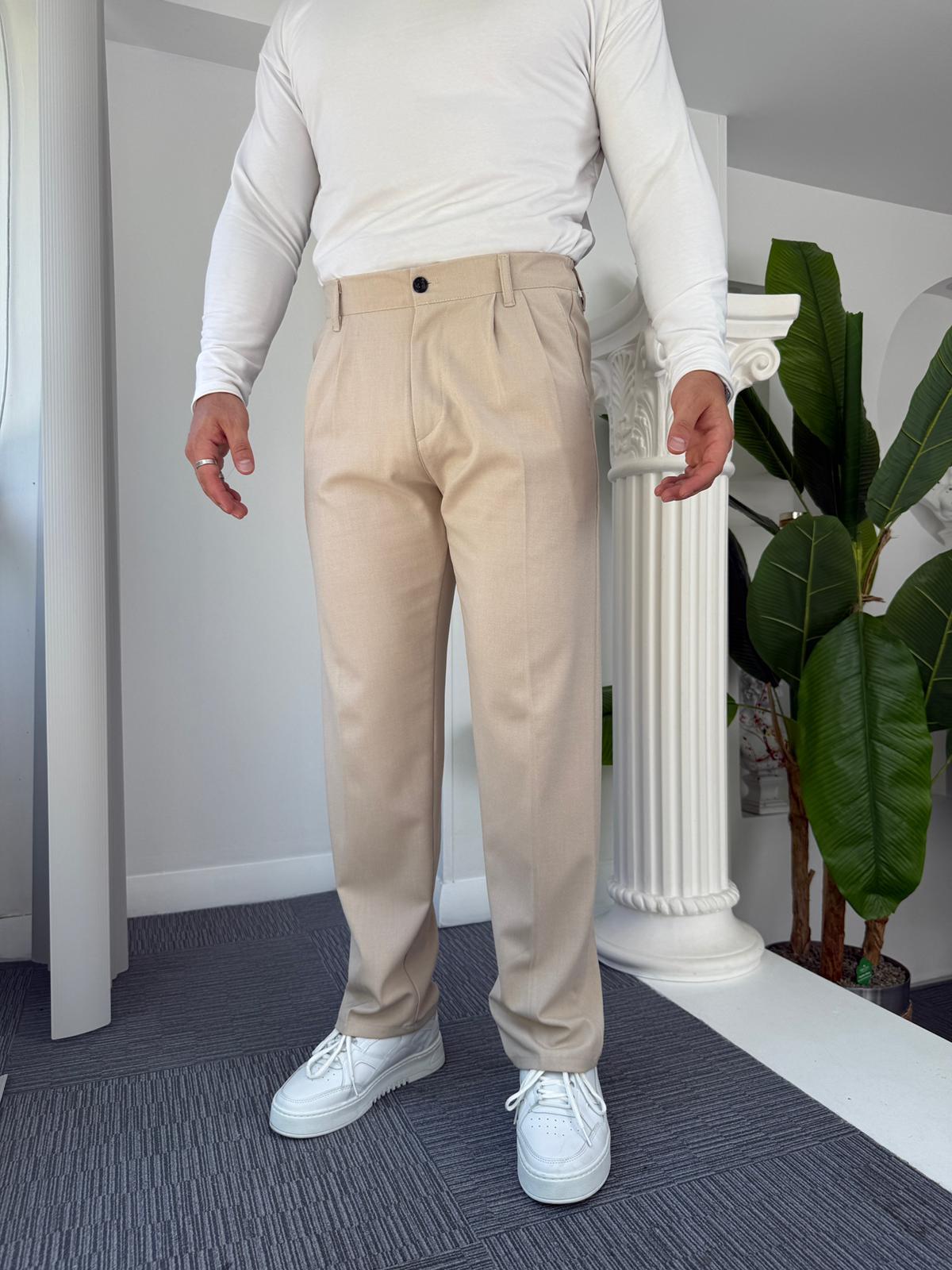 Bej Pileli Baggy Kumaş Pantolon 
