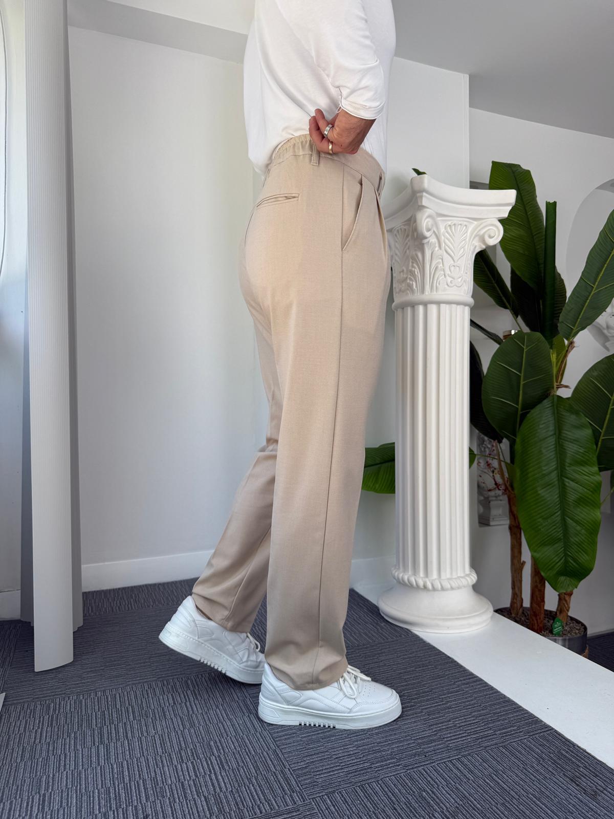 Bej Pileli Baggy Kumaş Pantolon 