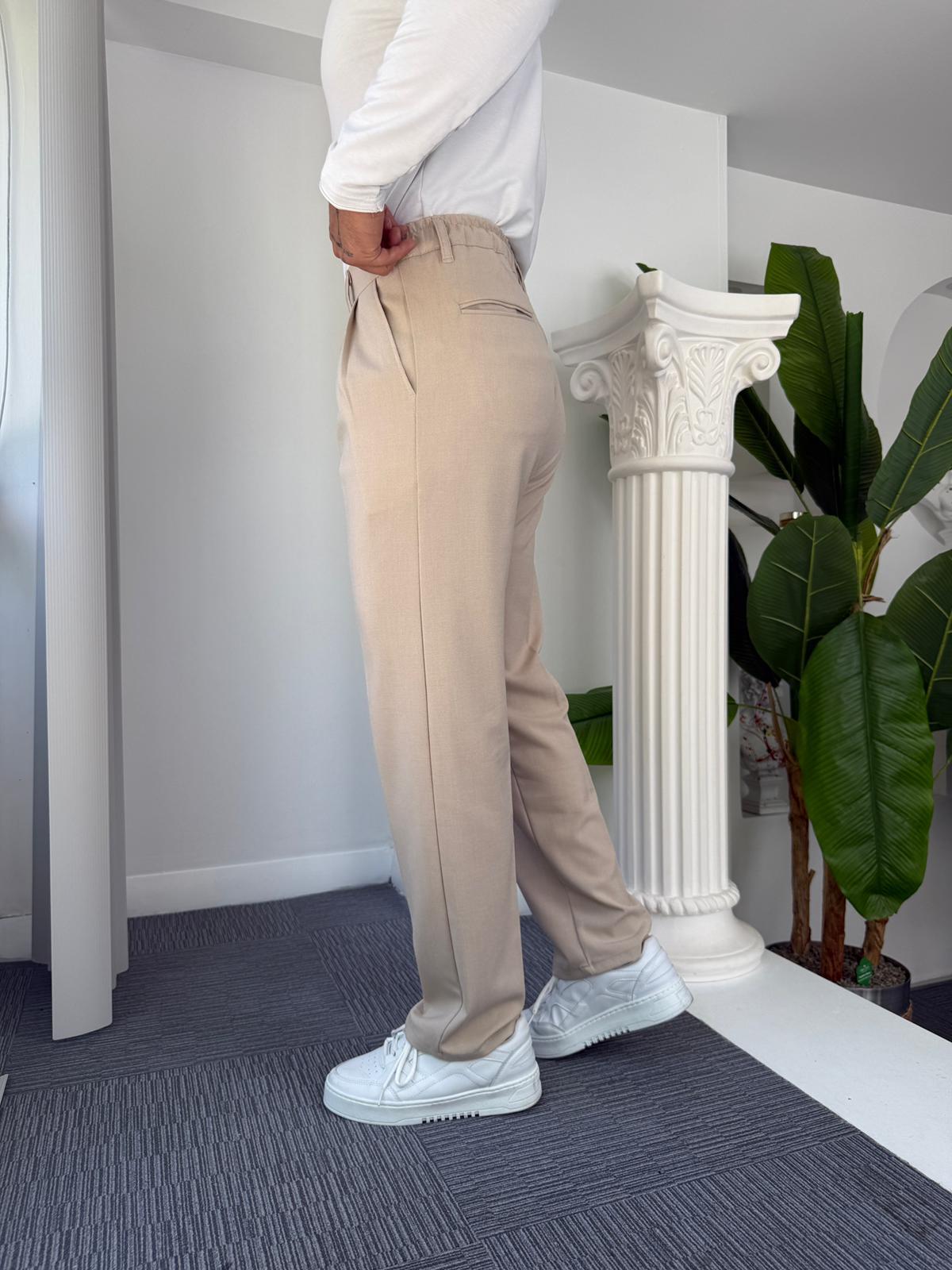 Bej Pileli Baggy Kumaş Pantolon 