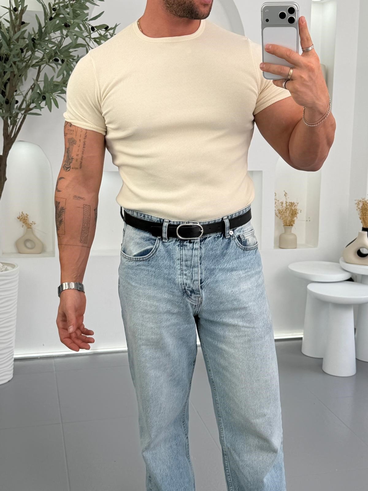 Bej RL İnce Fitilli Bisiklet Yaka Tshirt