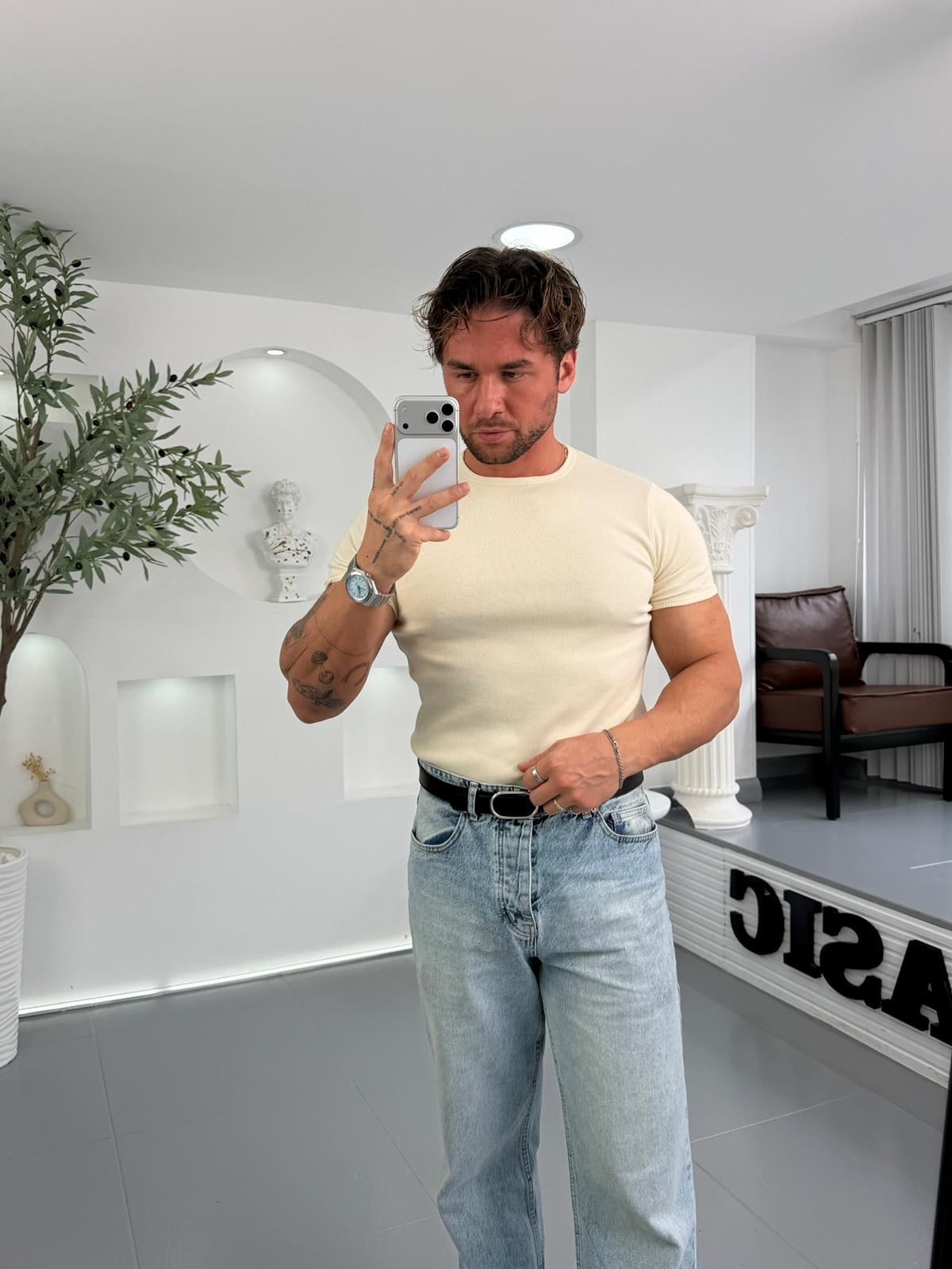 Bej RL İnce Fitilli Bisiklet Yaka Tshirt