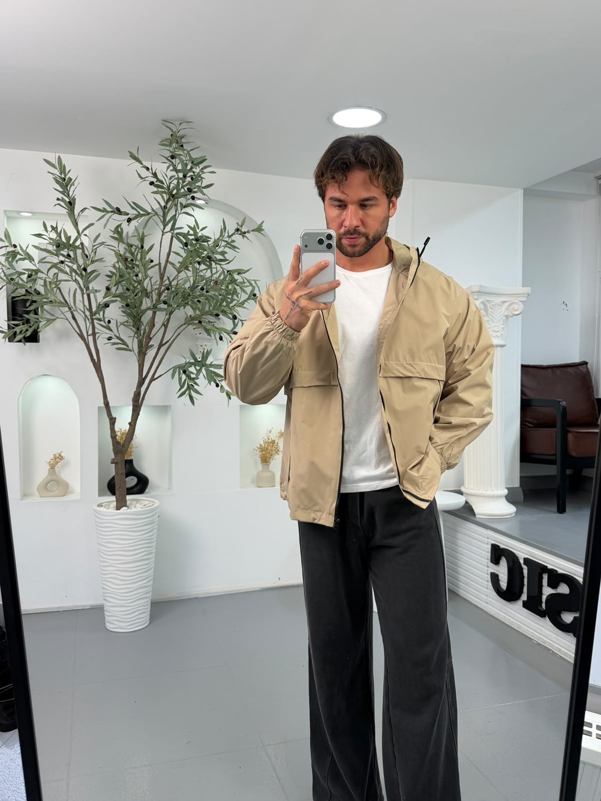 Bej RL Oversize Kapüşonlu Mevsim Mont