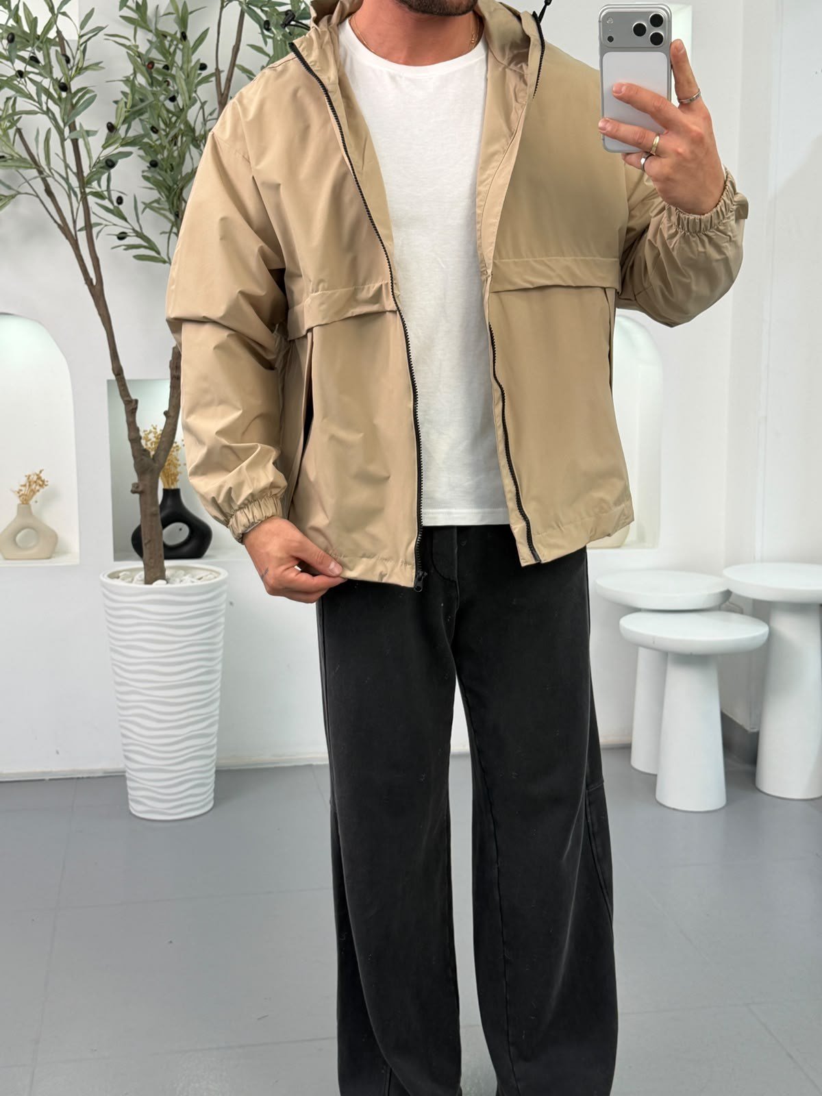 Bej RL Oversize Kapüşonlu Mevsim Mont