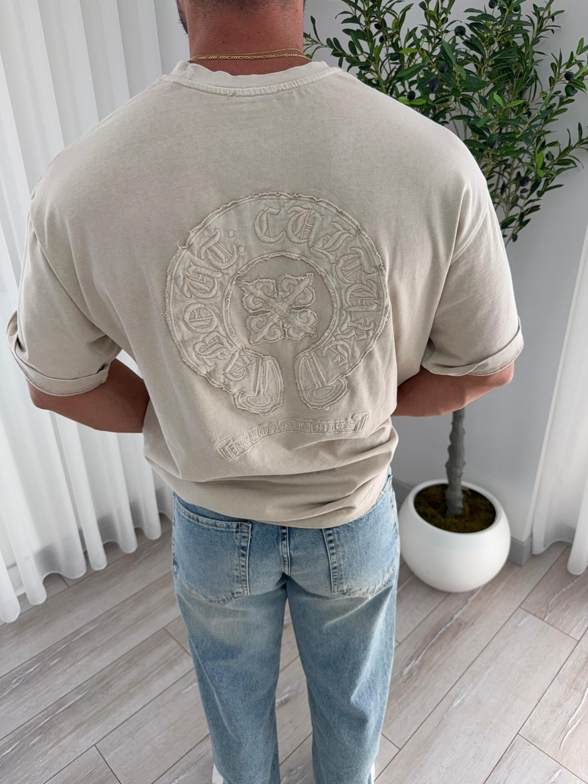 Bej RL Sırt Nakışlı Oversize Tshirt