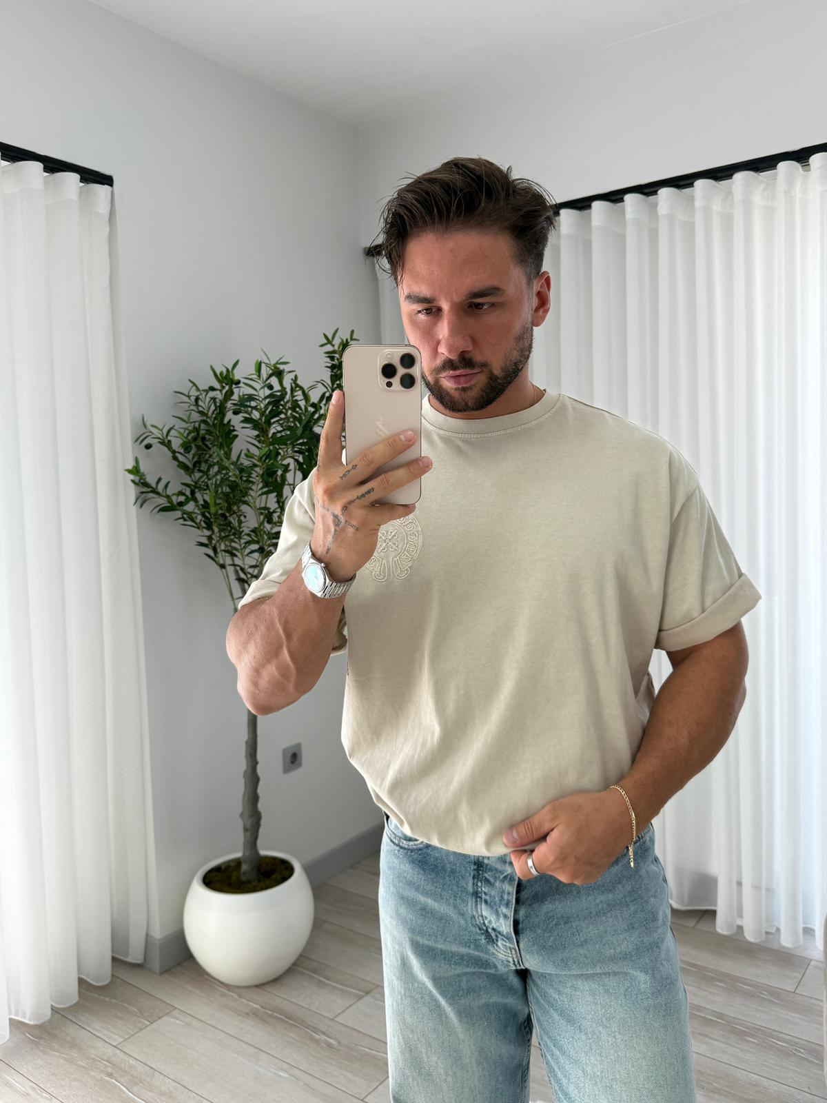 Bej RL Sırt Nakışlı Oversize Tshirt