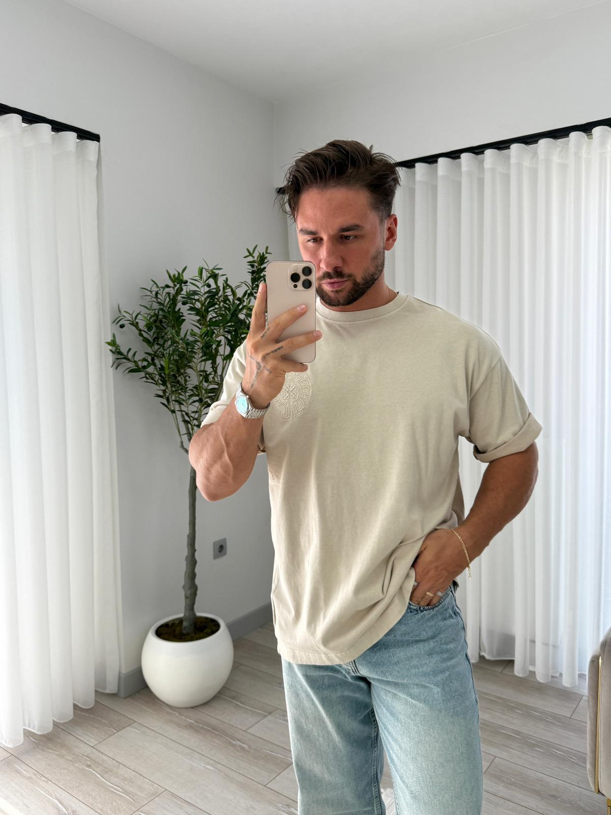 Bej RL Sırt Nakışlı Oversize Tshirt