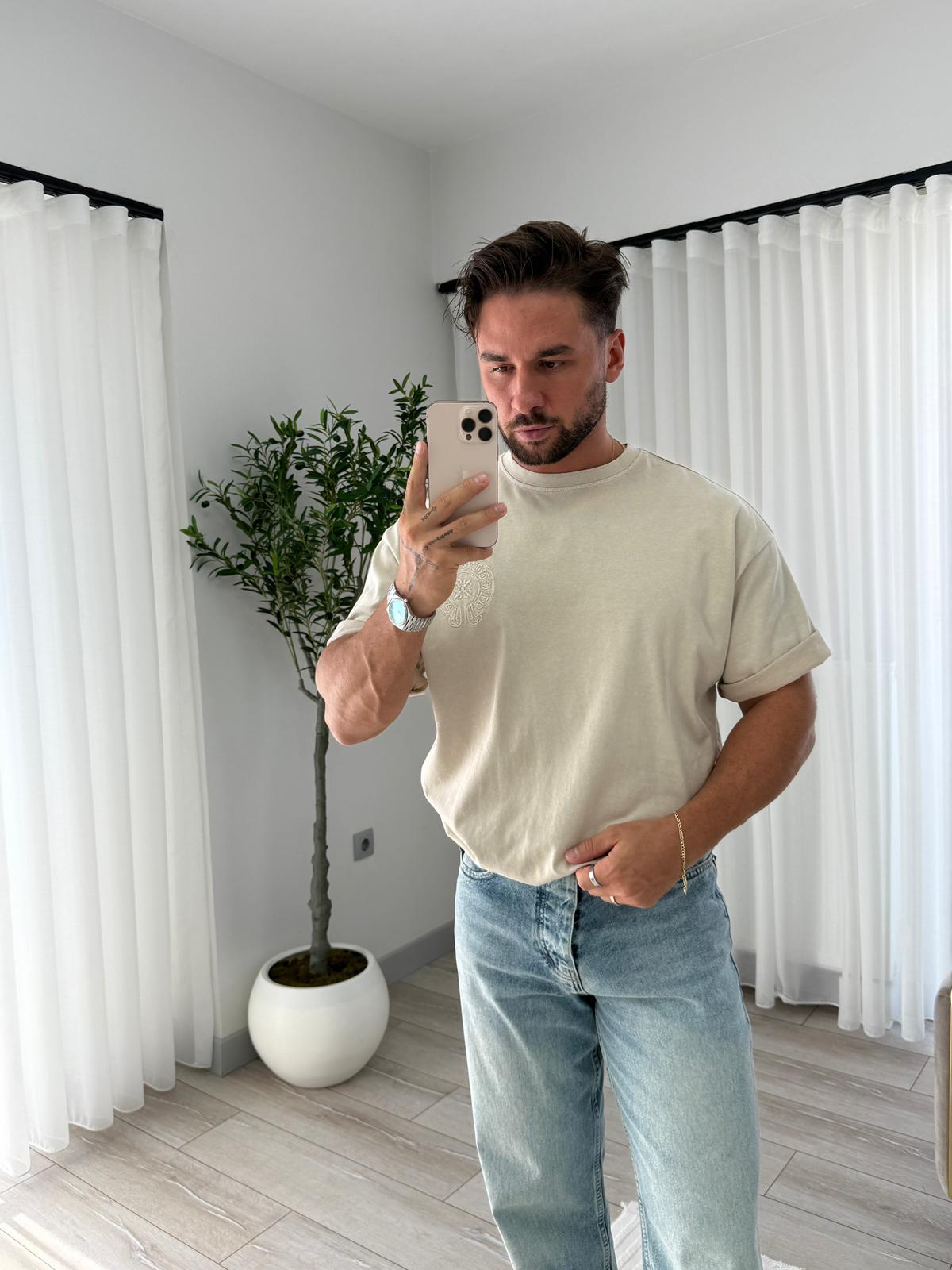 Bej RL Sırt Nakışlı Oversize Tshirt