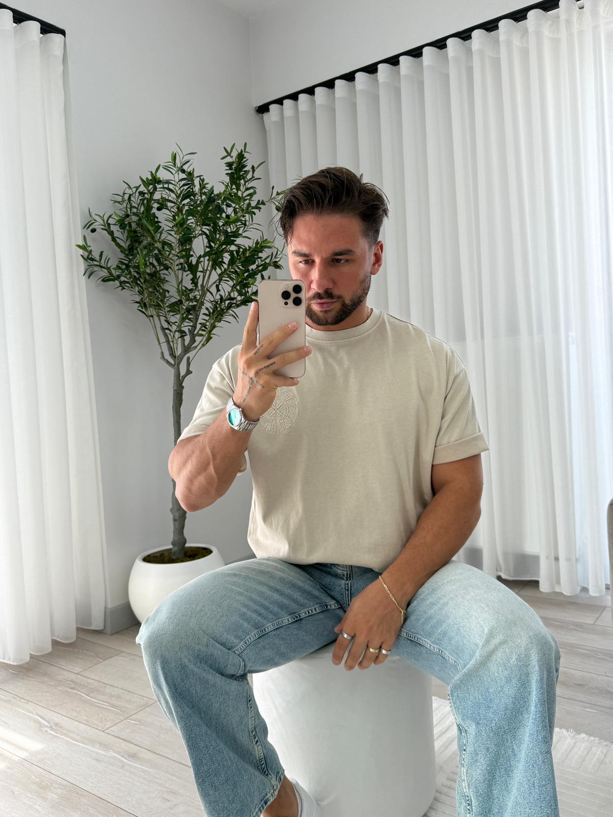 Bej RL Sırt Nakışlı Oversize Tshirt