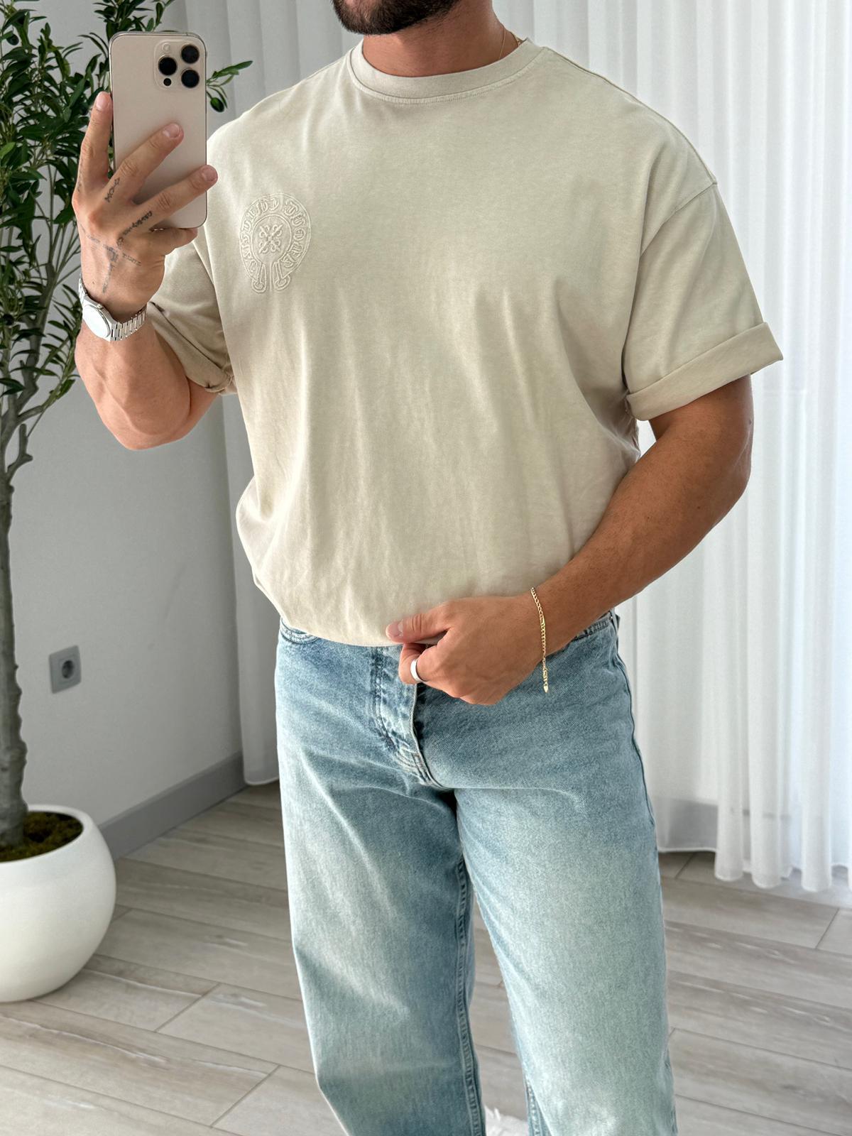 Bej RL Sırt Nakışlı Oversize Tshirt