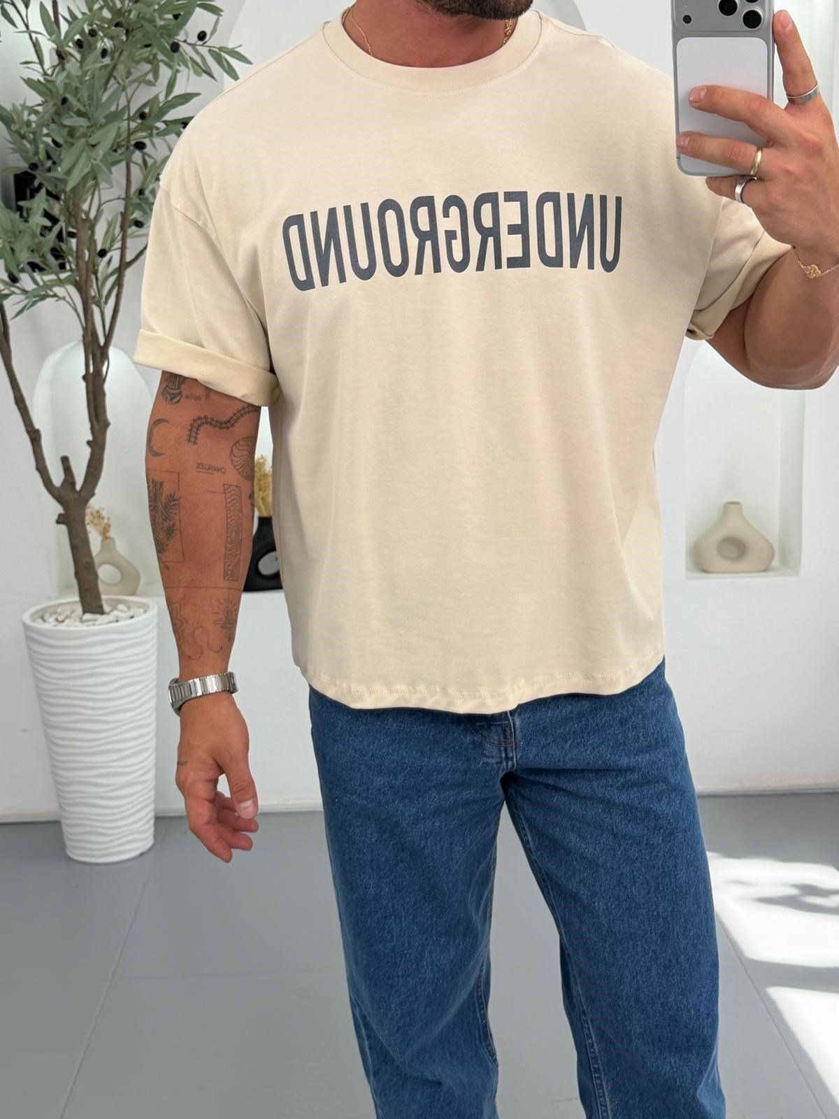Bej RL Underground Yıkamalı Boxy Fit Tshirt